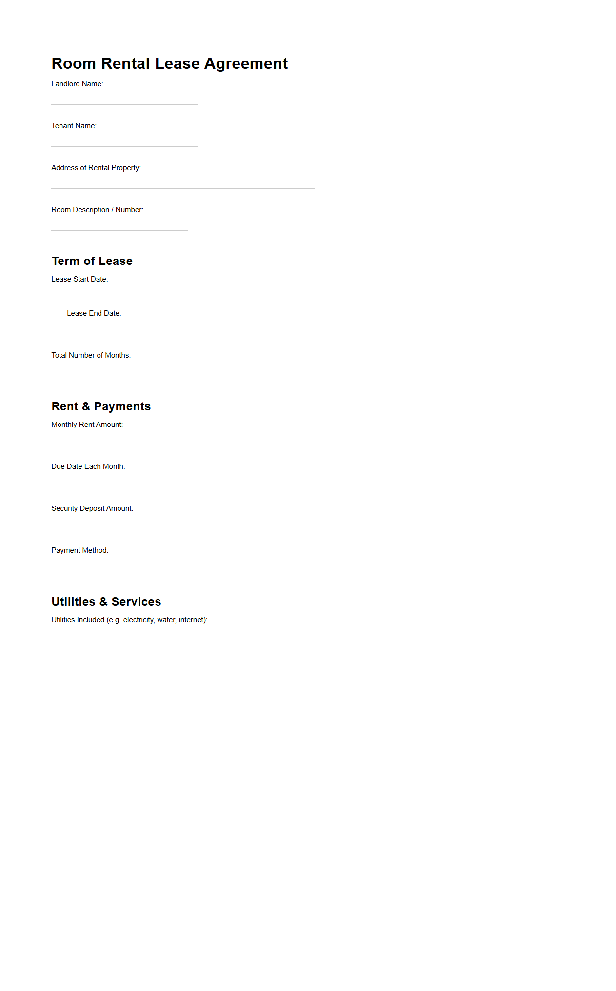 Room Rental Lease Agreement Blank Format