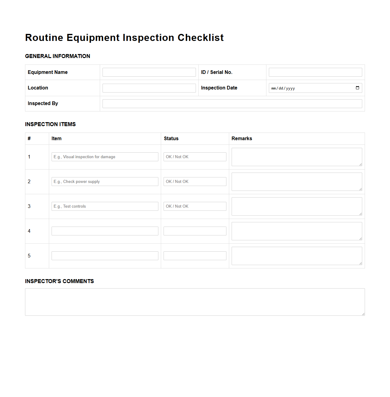 Routine Equipment Inspection Checklist