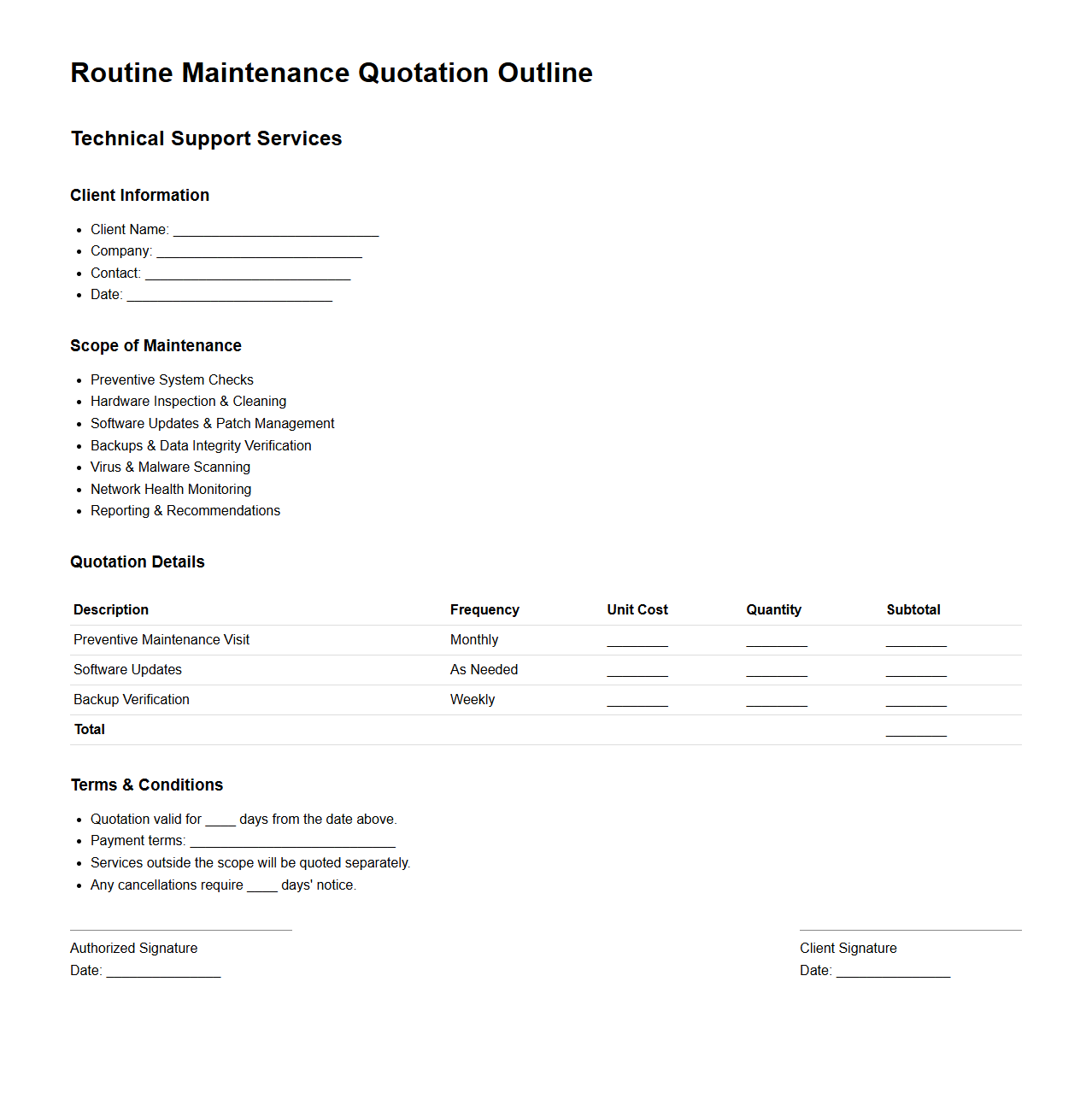 Routine Maintenance Quotation Outline for Technical Support