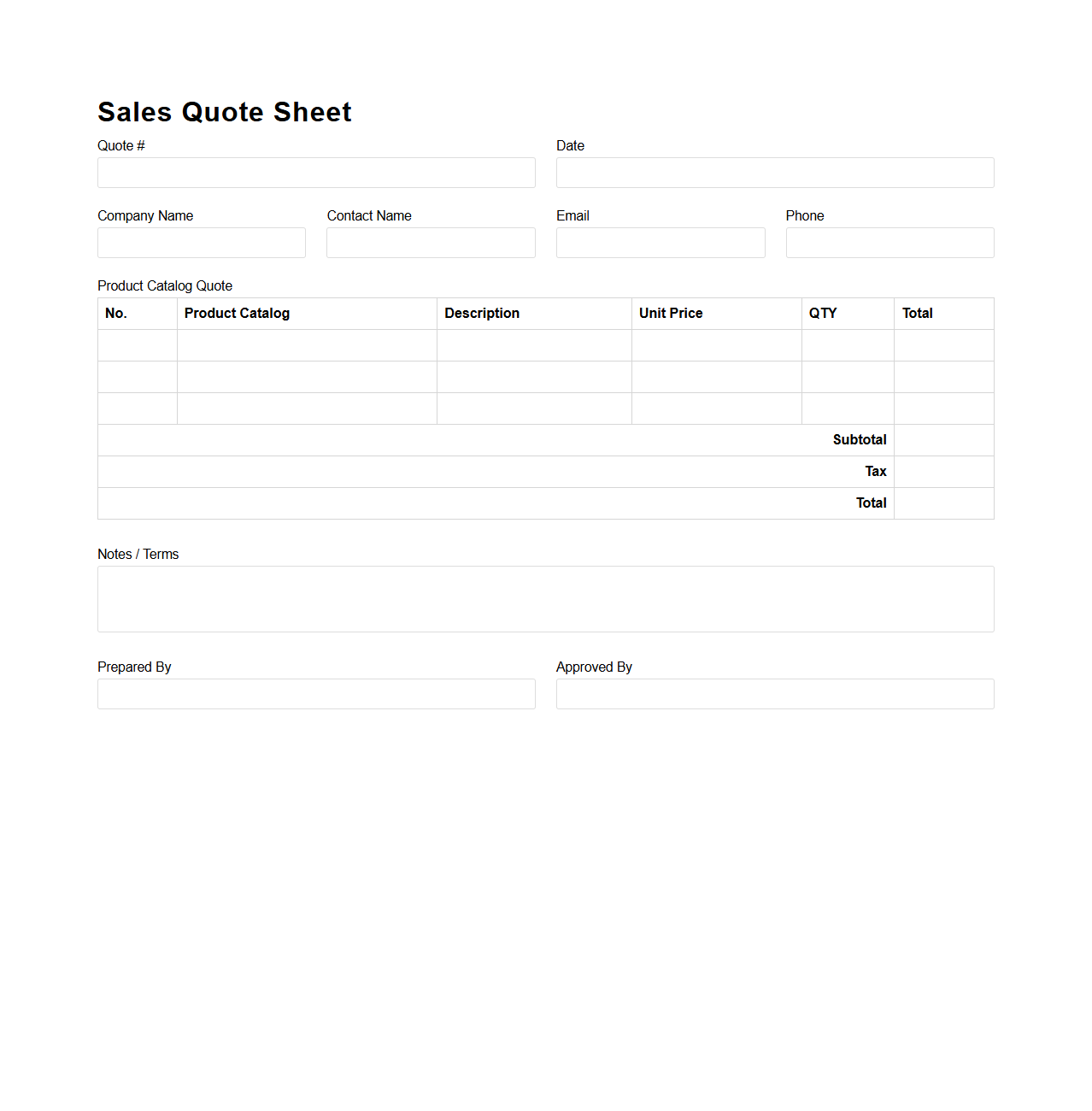 Sales Quote Sheet for Product Catalogs