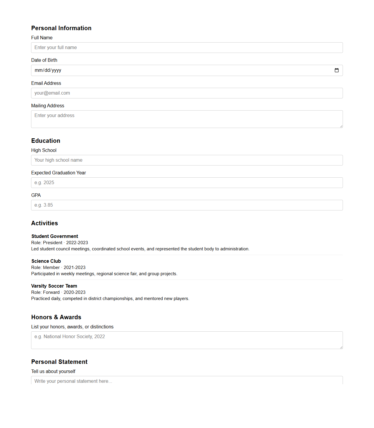Sample College Application With Activity Sections