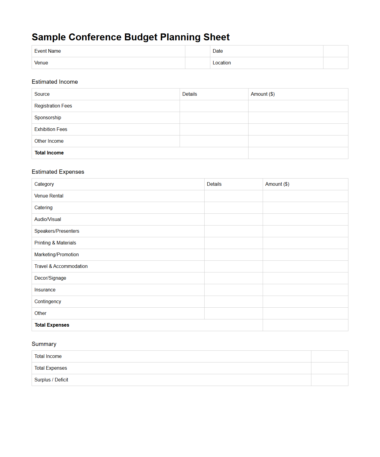 Sample Conference Budget Planning Sheet for Event Managers