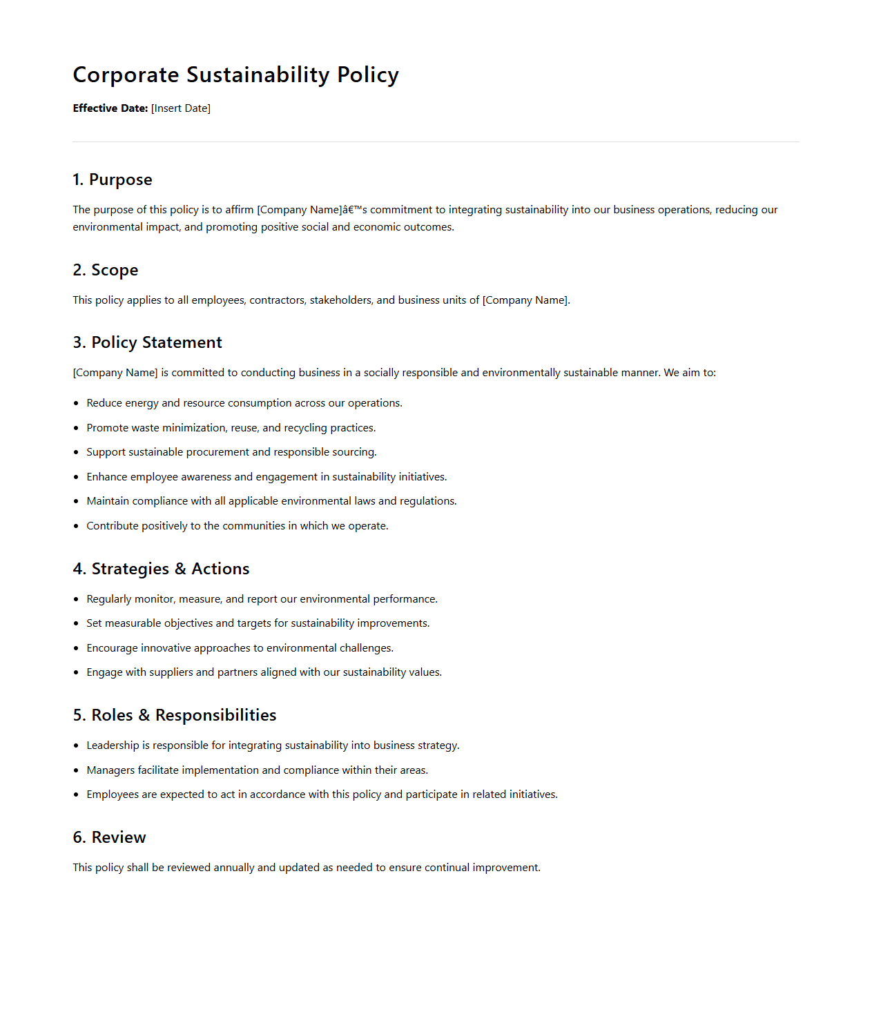 Sample Corporate Sustainability Policy Template