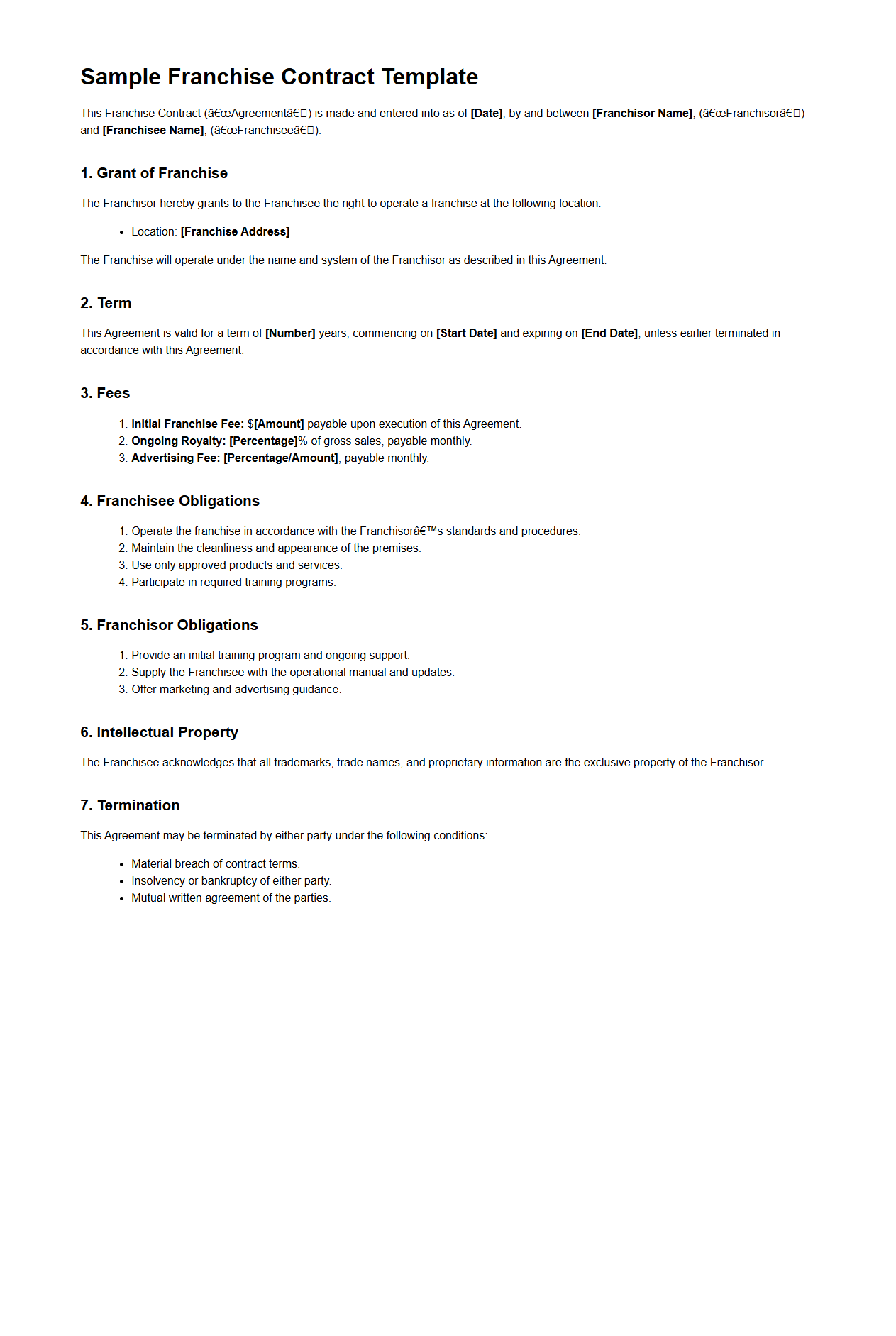 Sample Franchise Contract Template for New Franchisees