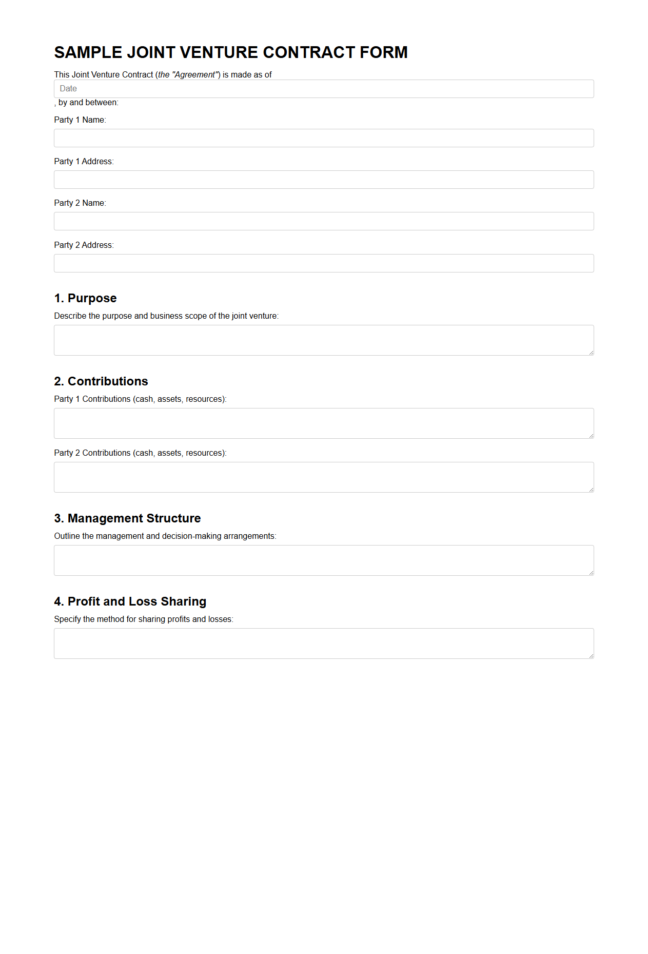 Sample Joint Venture Contract Form for Business Collaboration