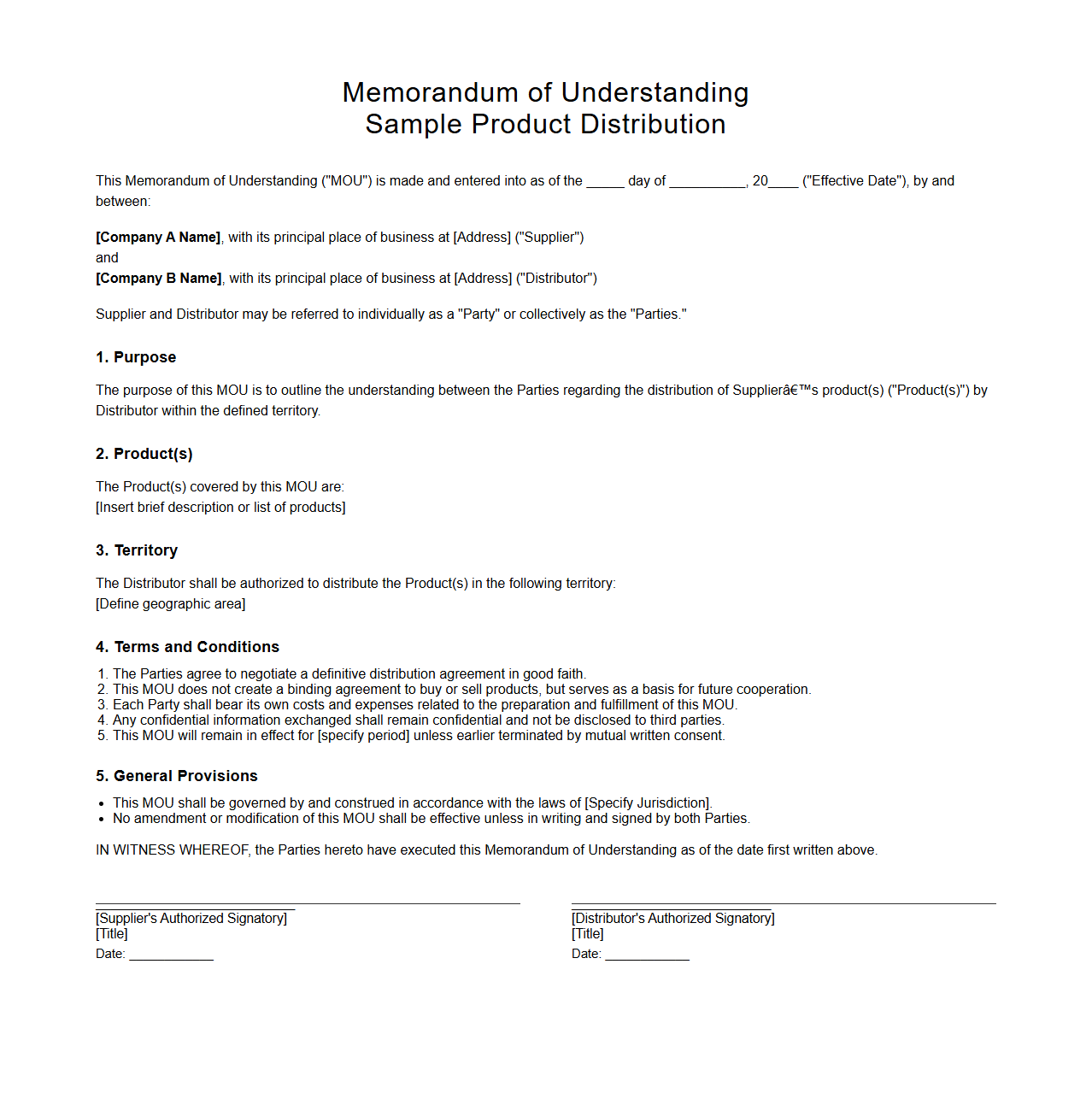 Sample Product Distribution Memorandum of Understanding