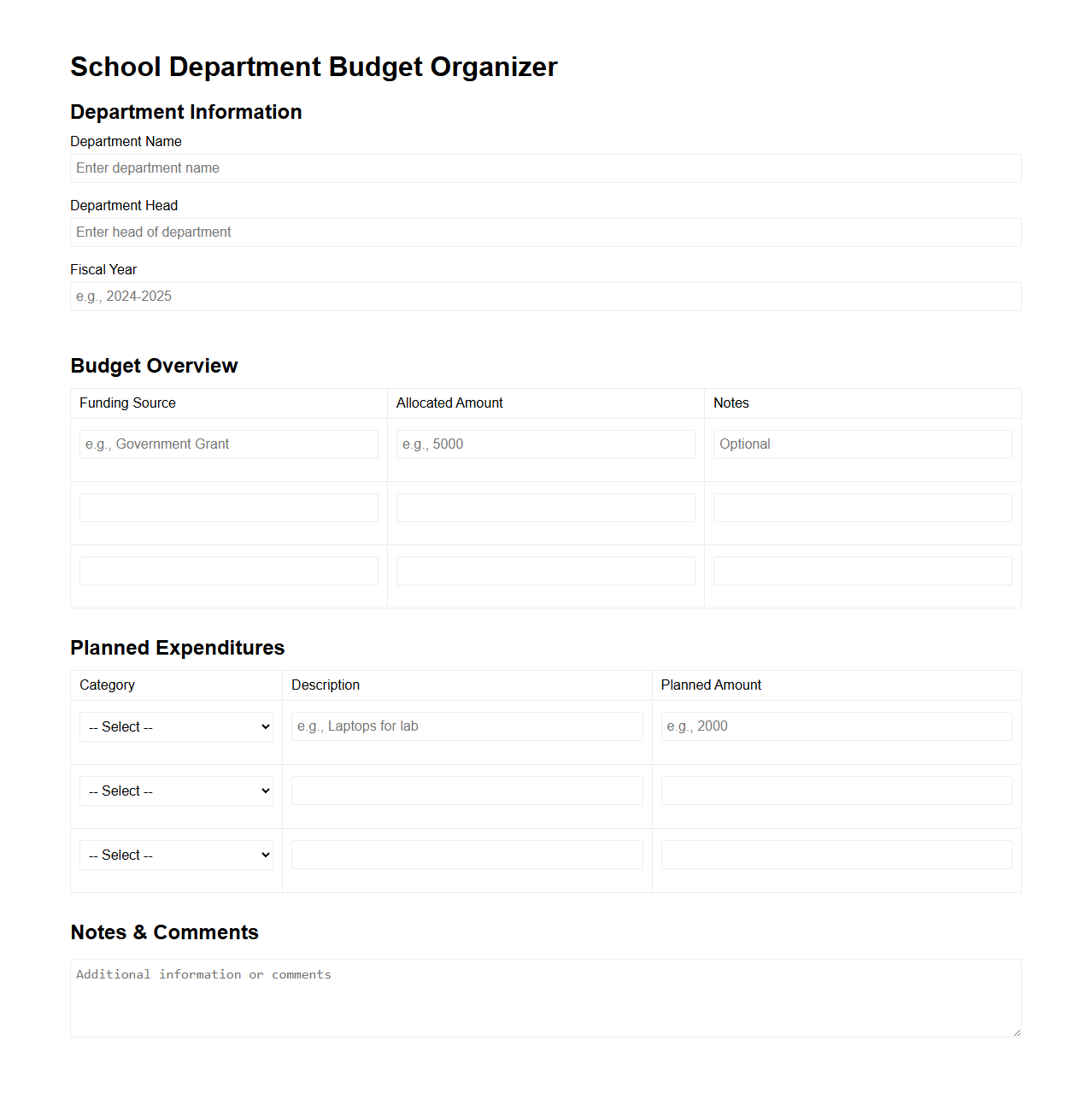 School Department Budget Organizer