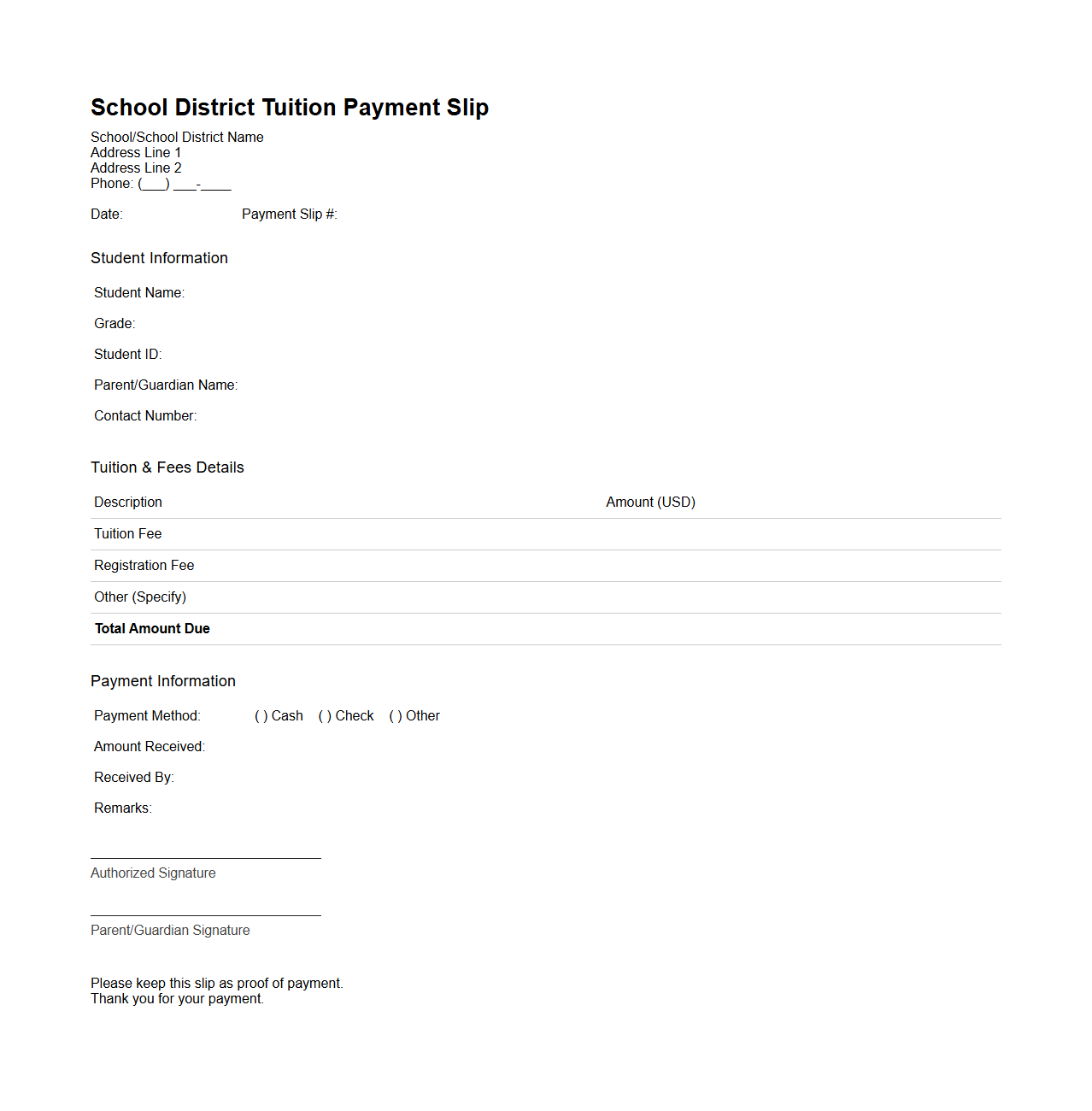 School District Tuition Payment Slip Template