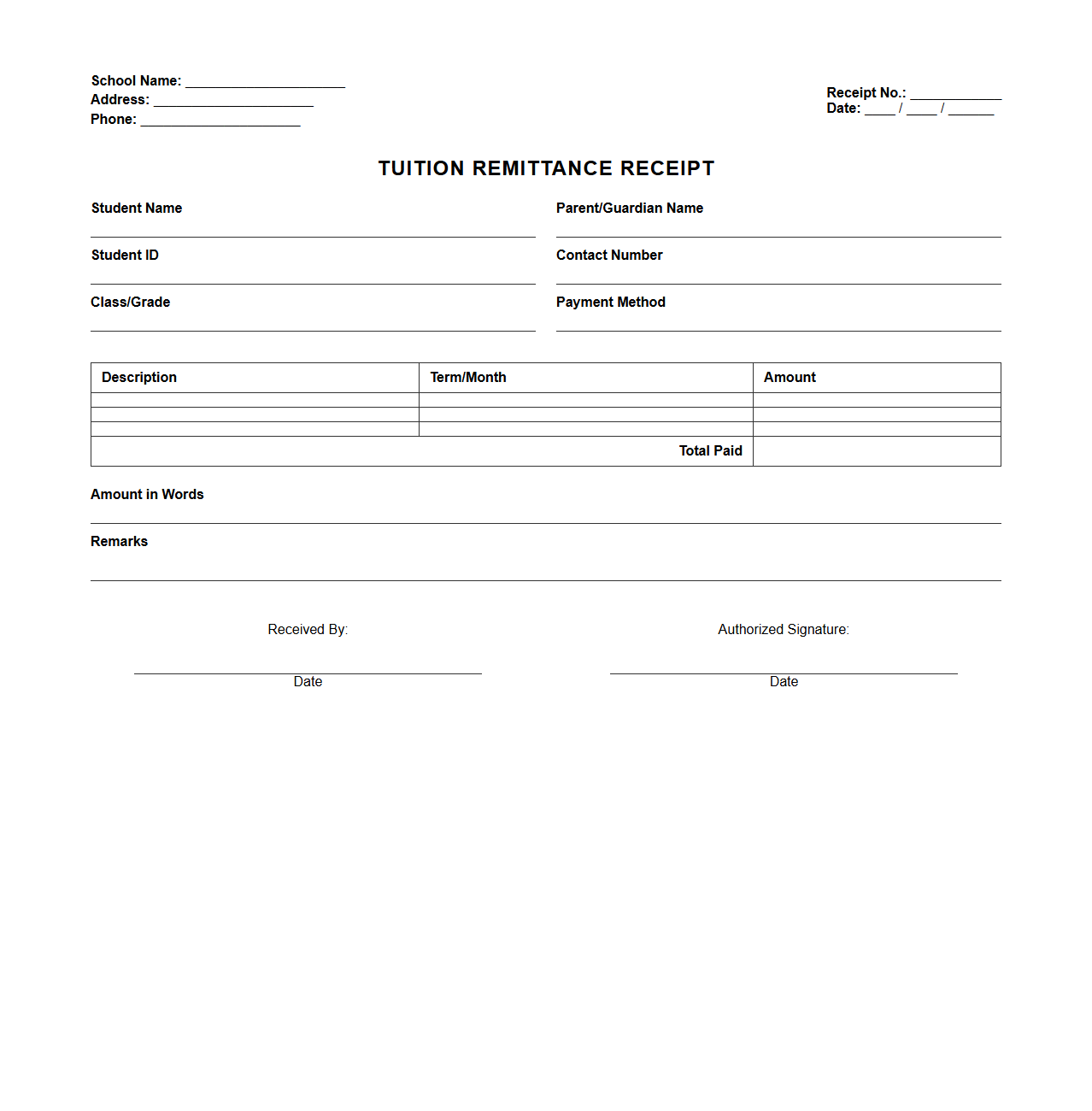 School Tuition Remittance Receipt Format