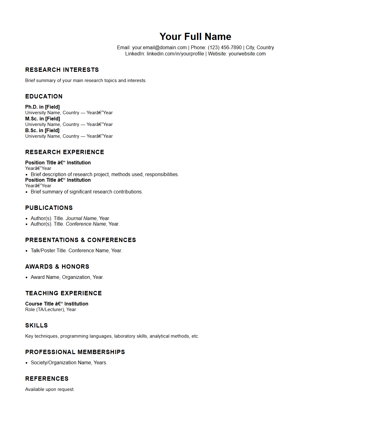 Scientific Research Position Academic Resume Outline
