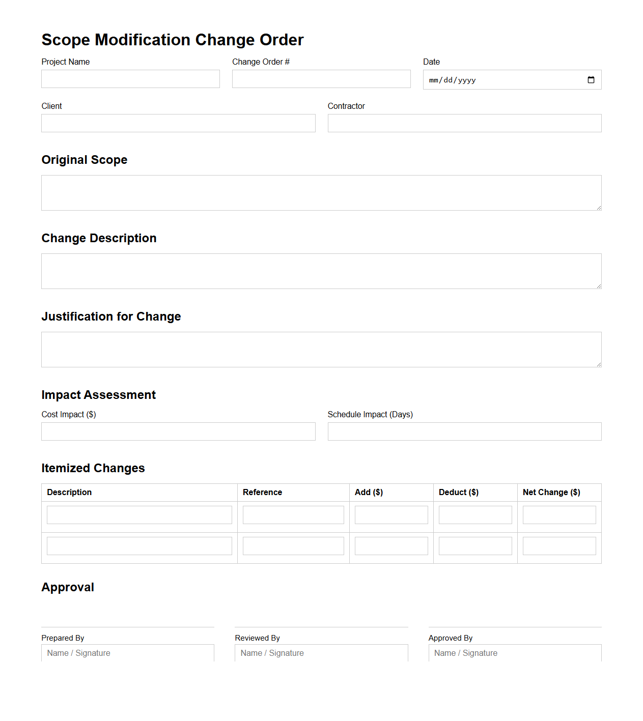 Scope Modification Change Order Template