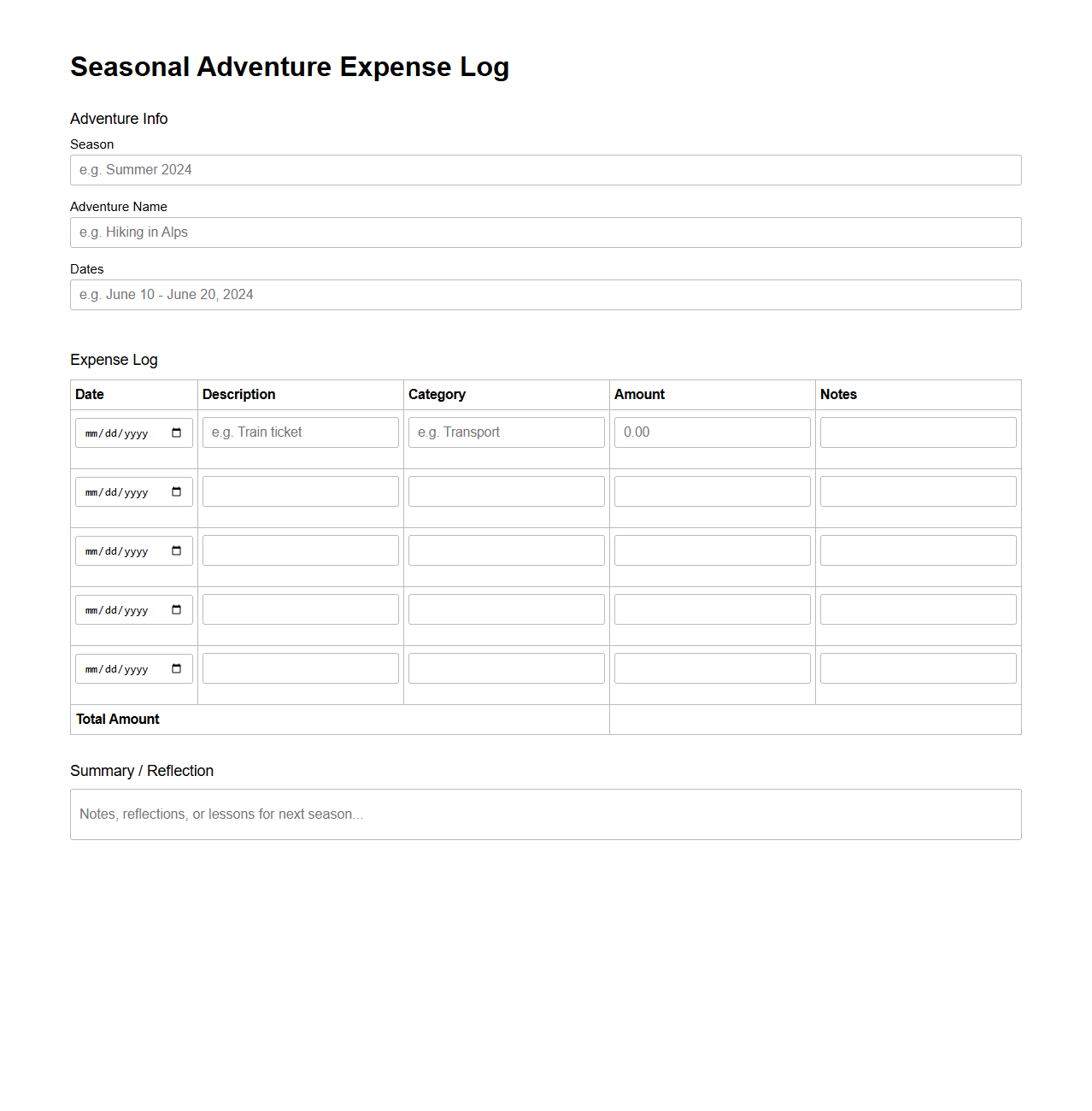 Seasonal Adventure Expense Log Template