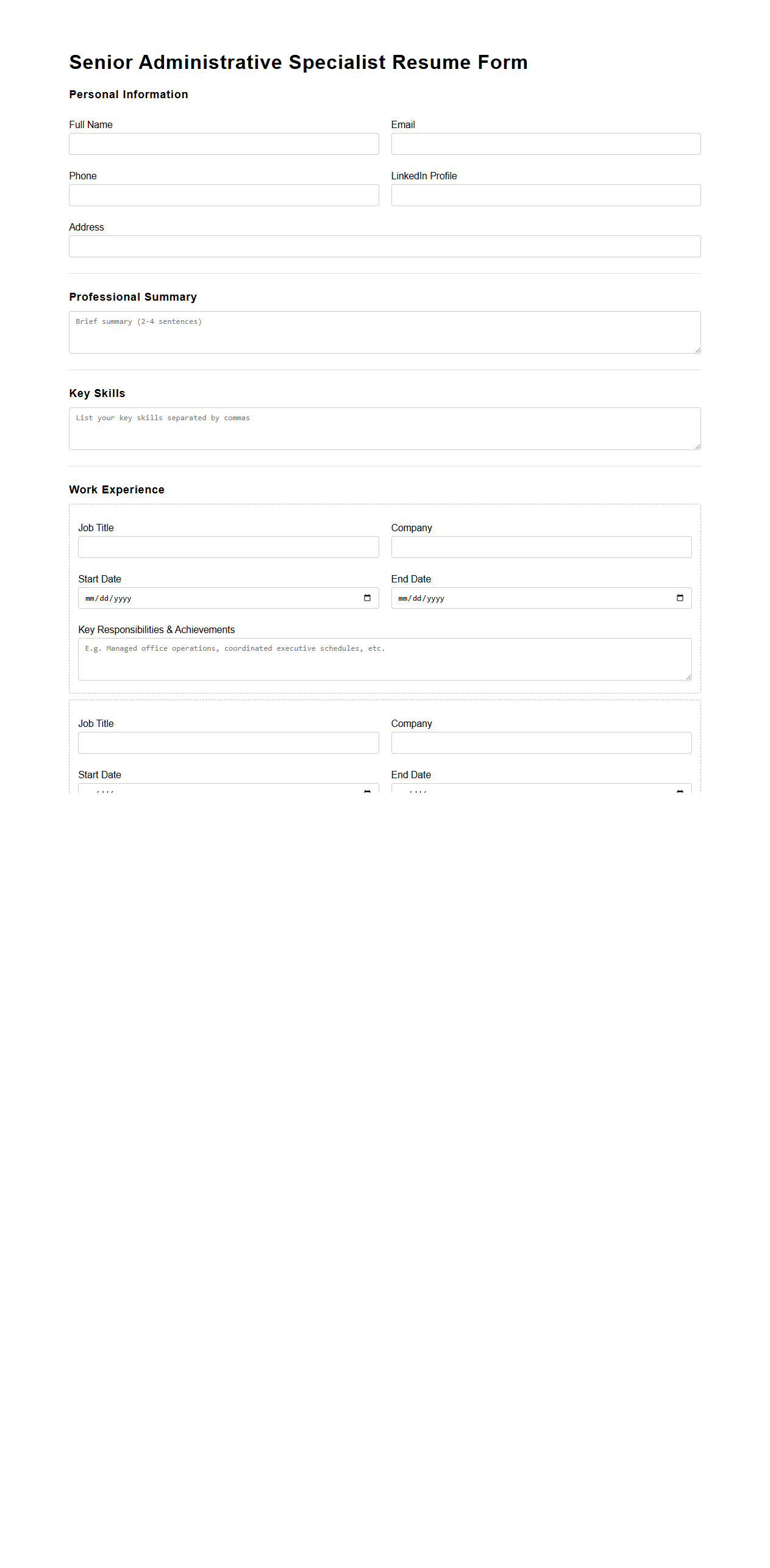 Senior Administrative Specialist Resume Form
