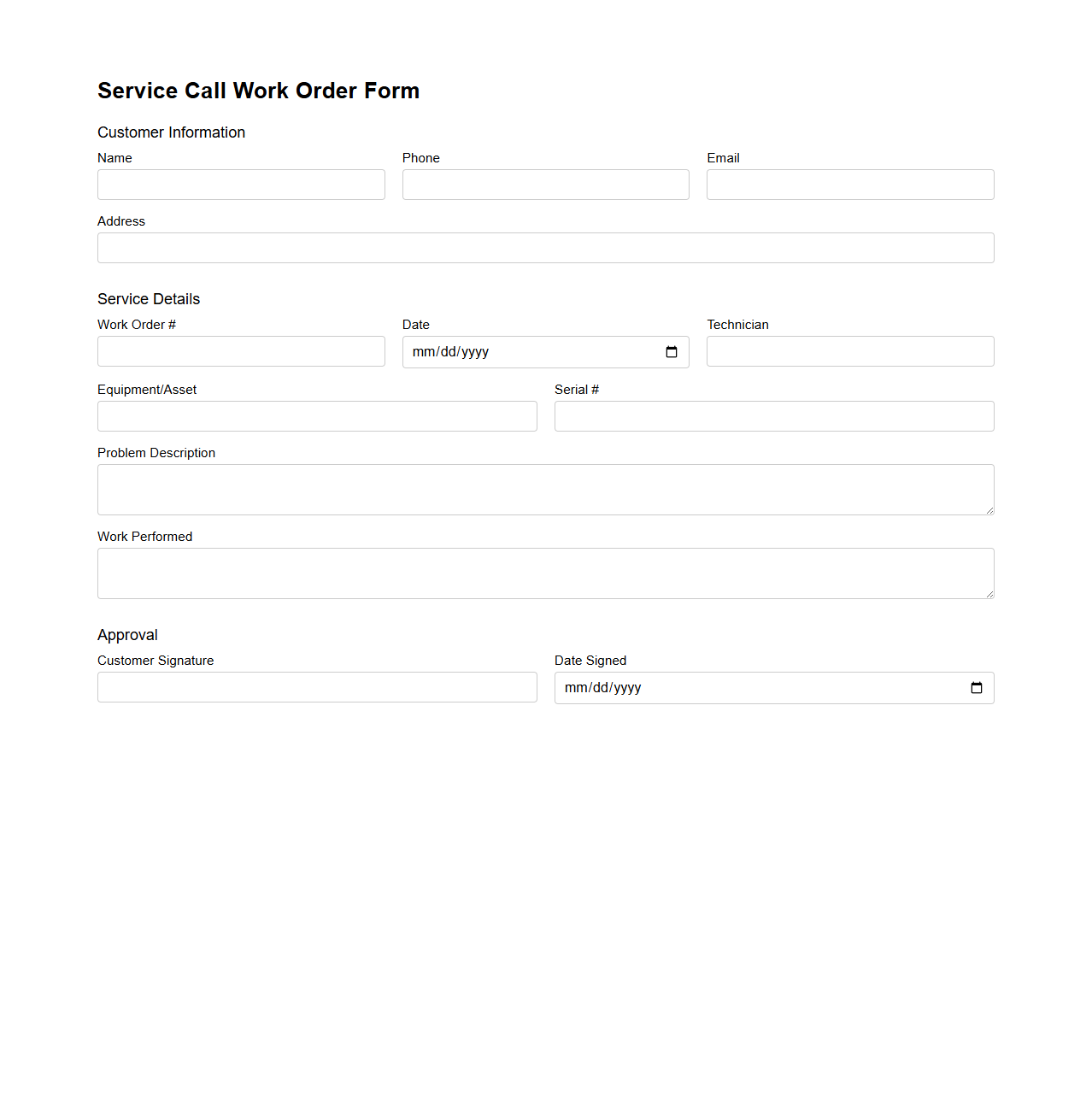 Service Call Work Order Form