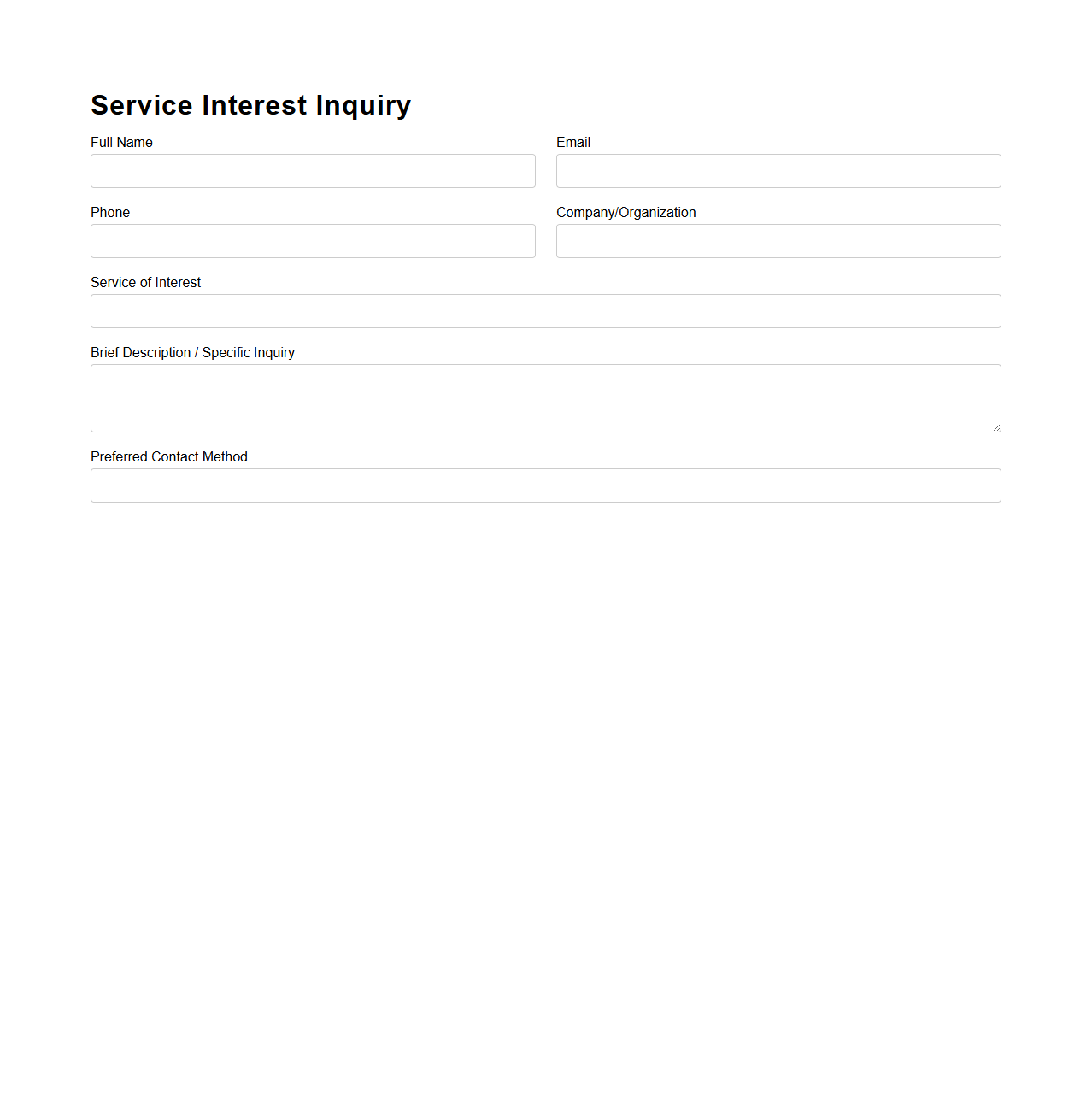 Service Interest Blank Inquiry Format
