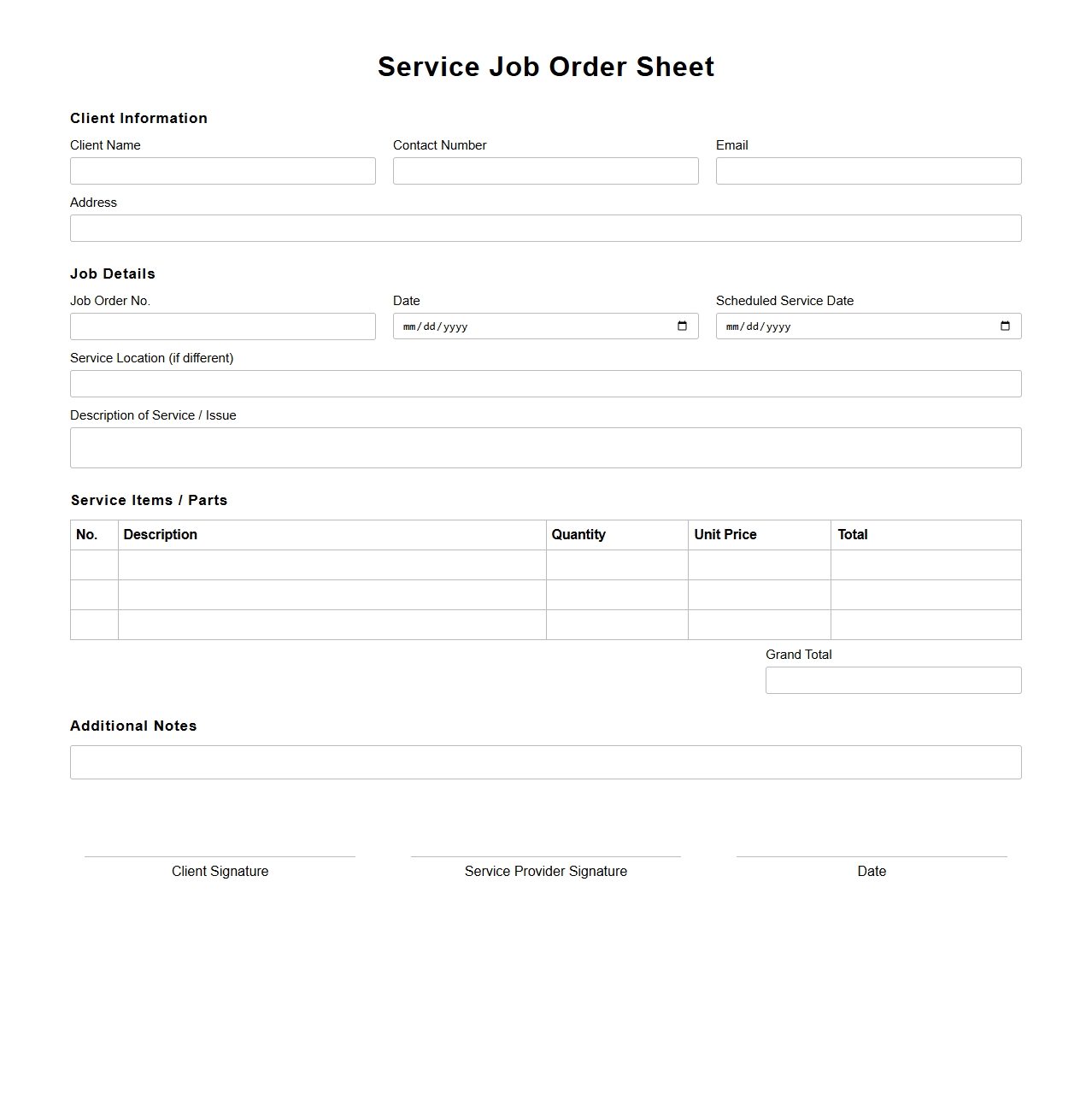 Service Job Order Sheet for Clients