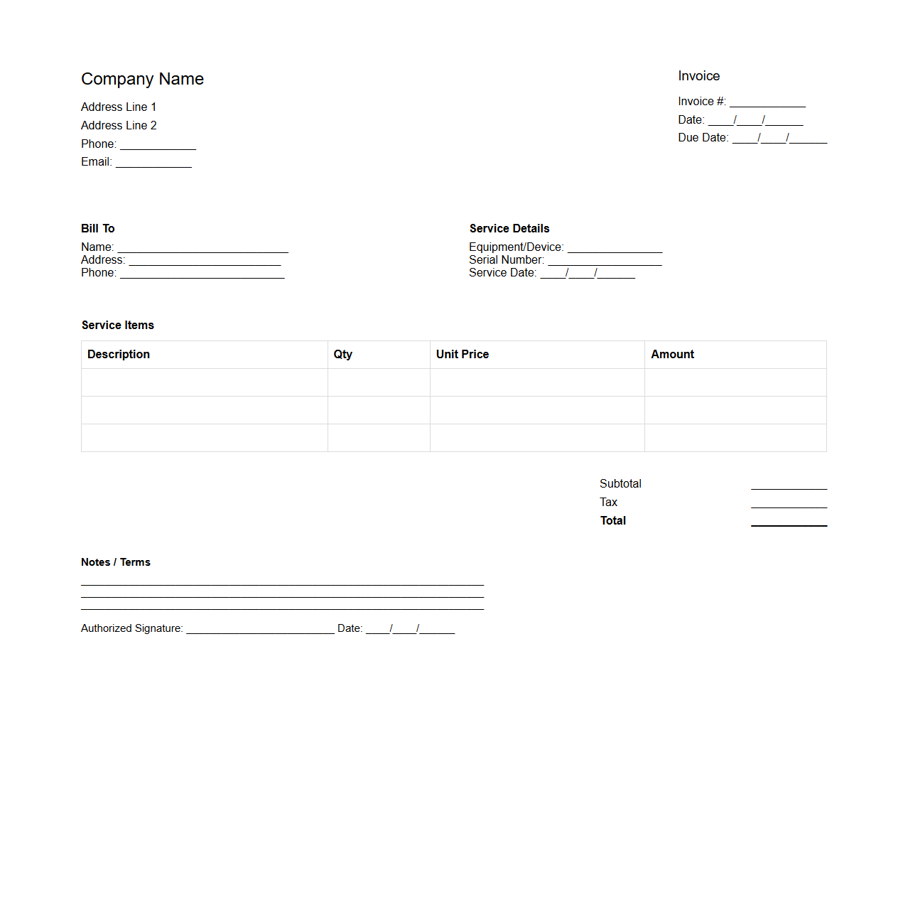 Service Repair Invoice Template