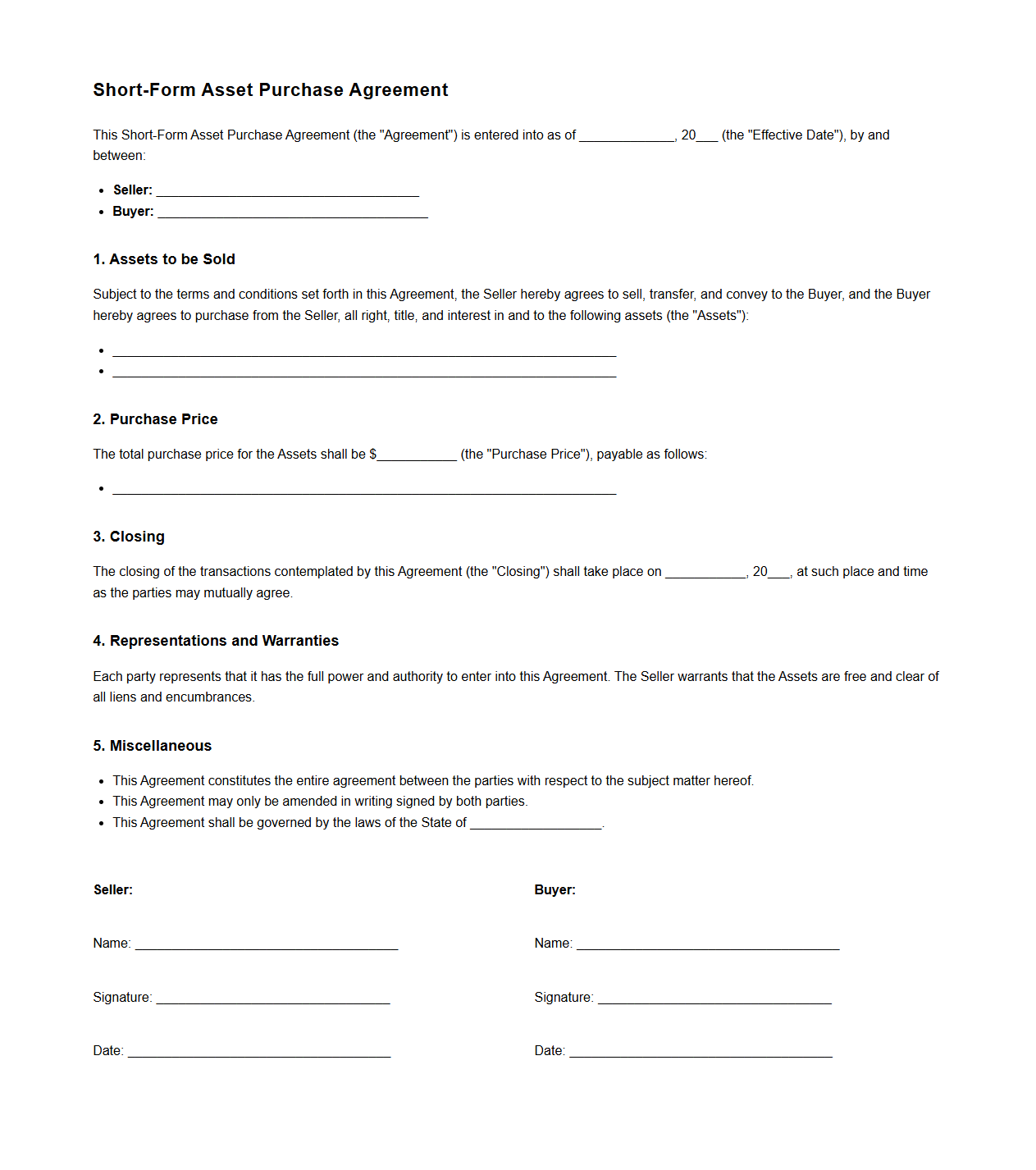 Short-Form Asset Purchase Agreement