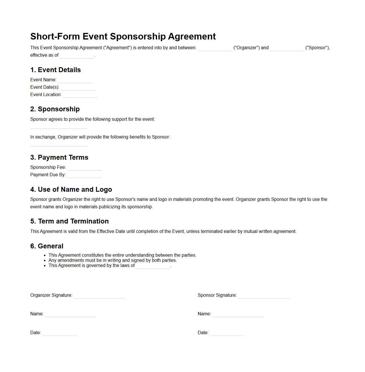 Short-Form Event Sponsorship Agreement
