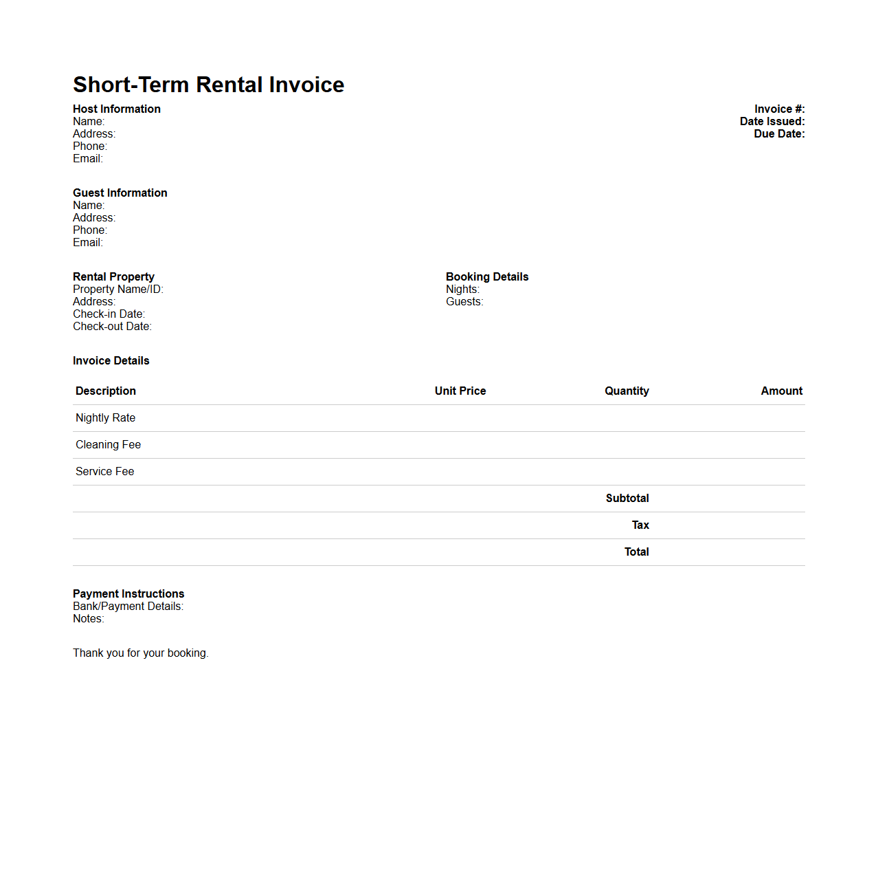 Short-Term Rental Invoice Template