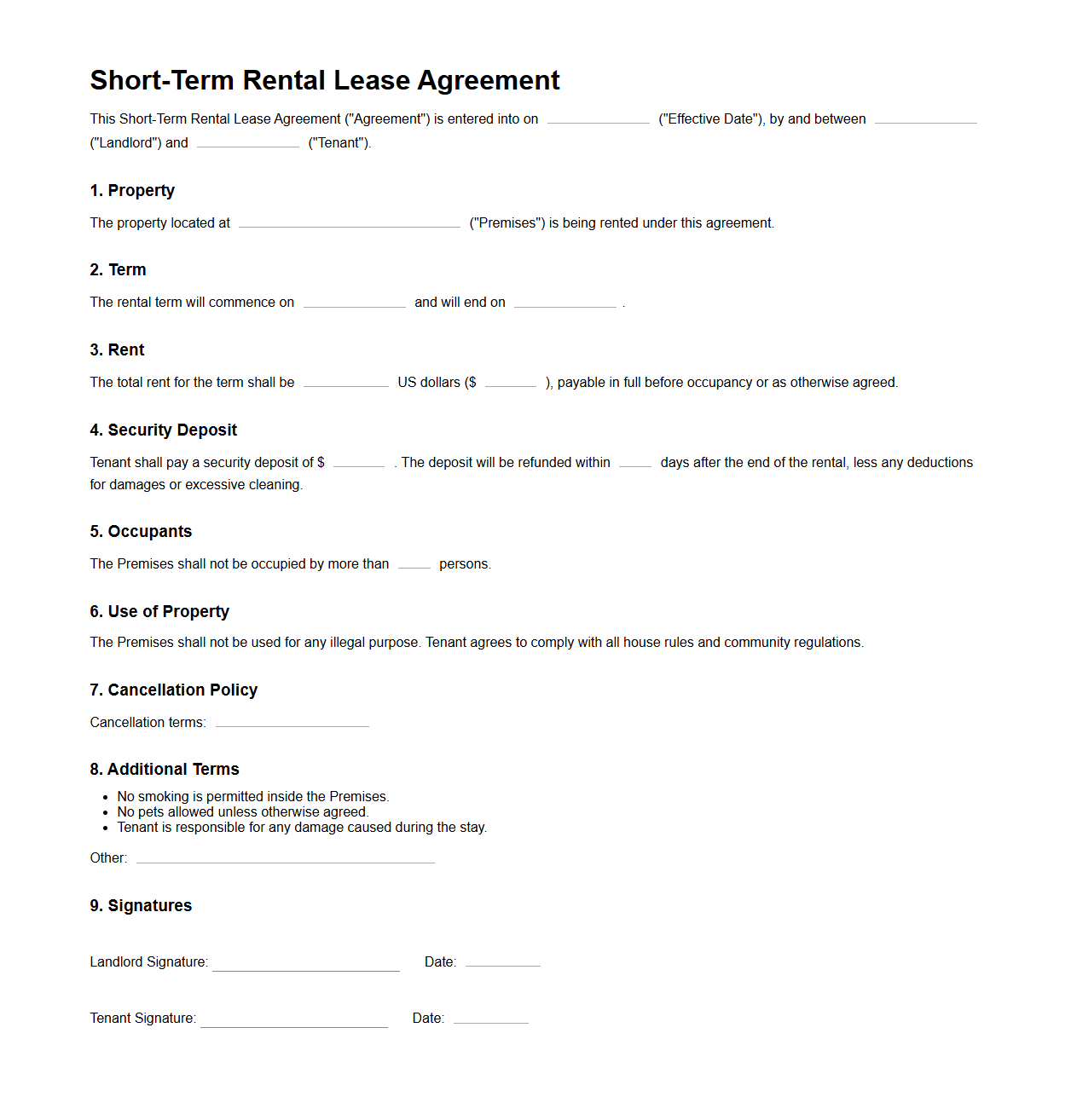 Short-Term Rental Lease Agreement Template