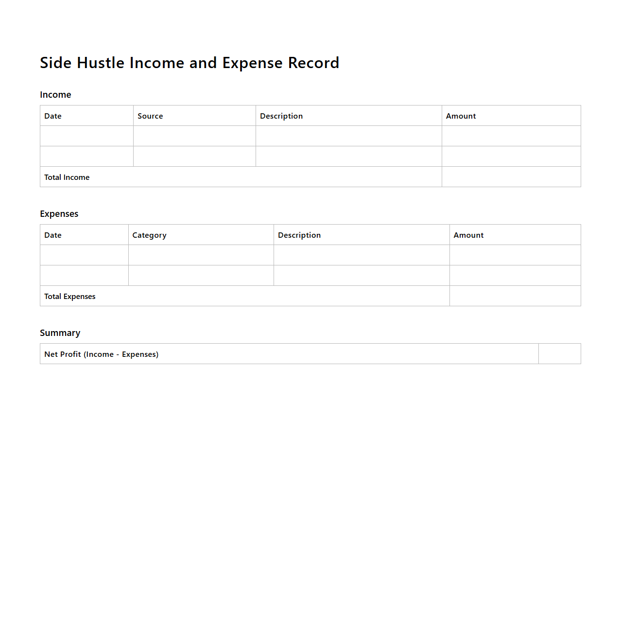 Side Hustle Income and Expense Record