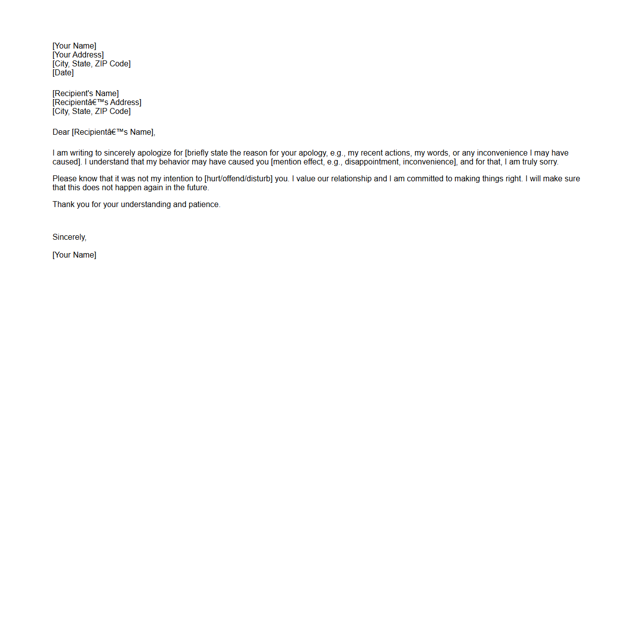 Simple Apology Letter Draft