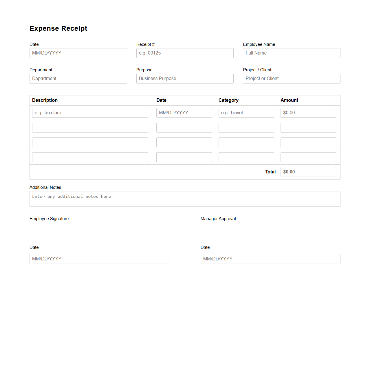 Simple Blank Expense Receipt Template for Business Reimbursements