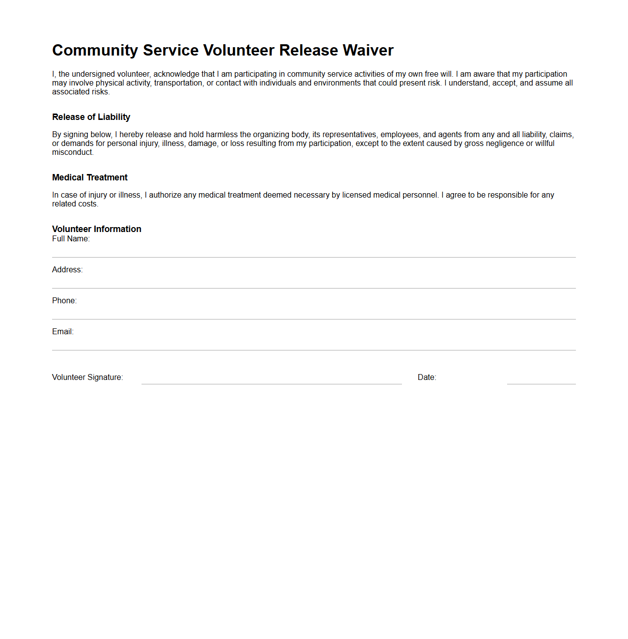 Simple Community Service Volunteer Release Waiver
