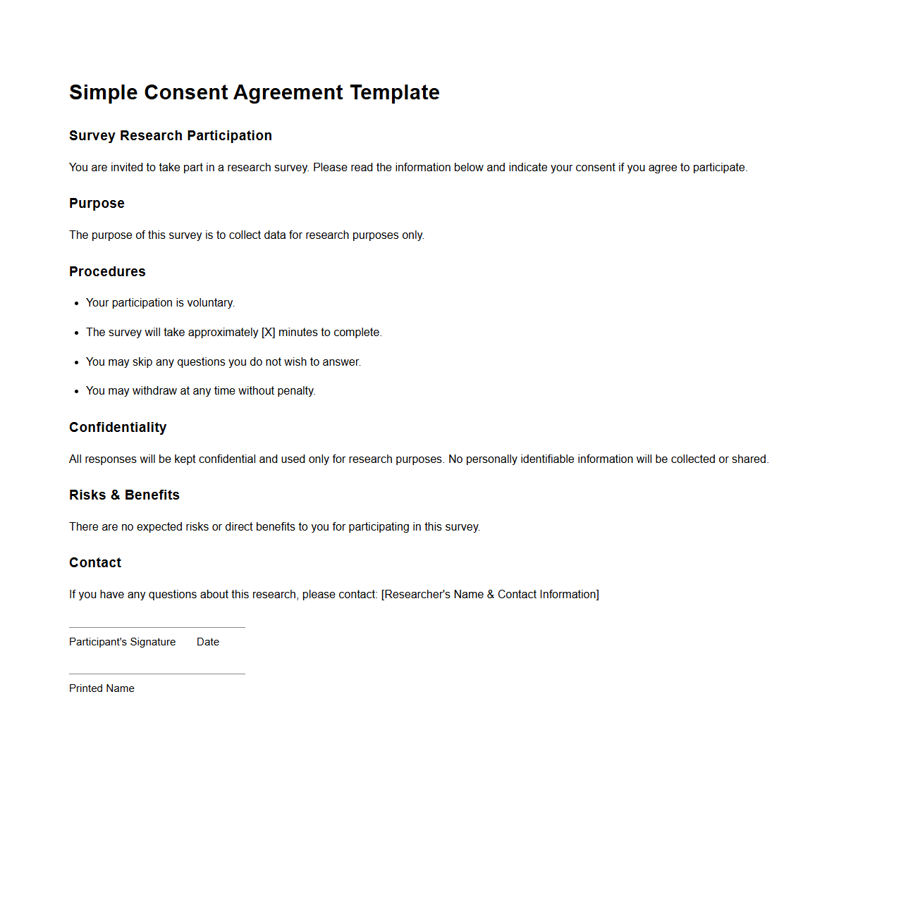 Simple Consent Agreement Template for Survey Research