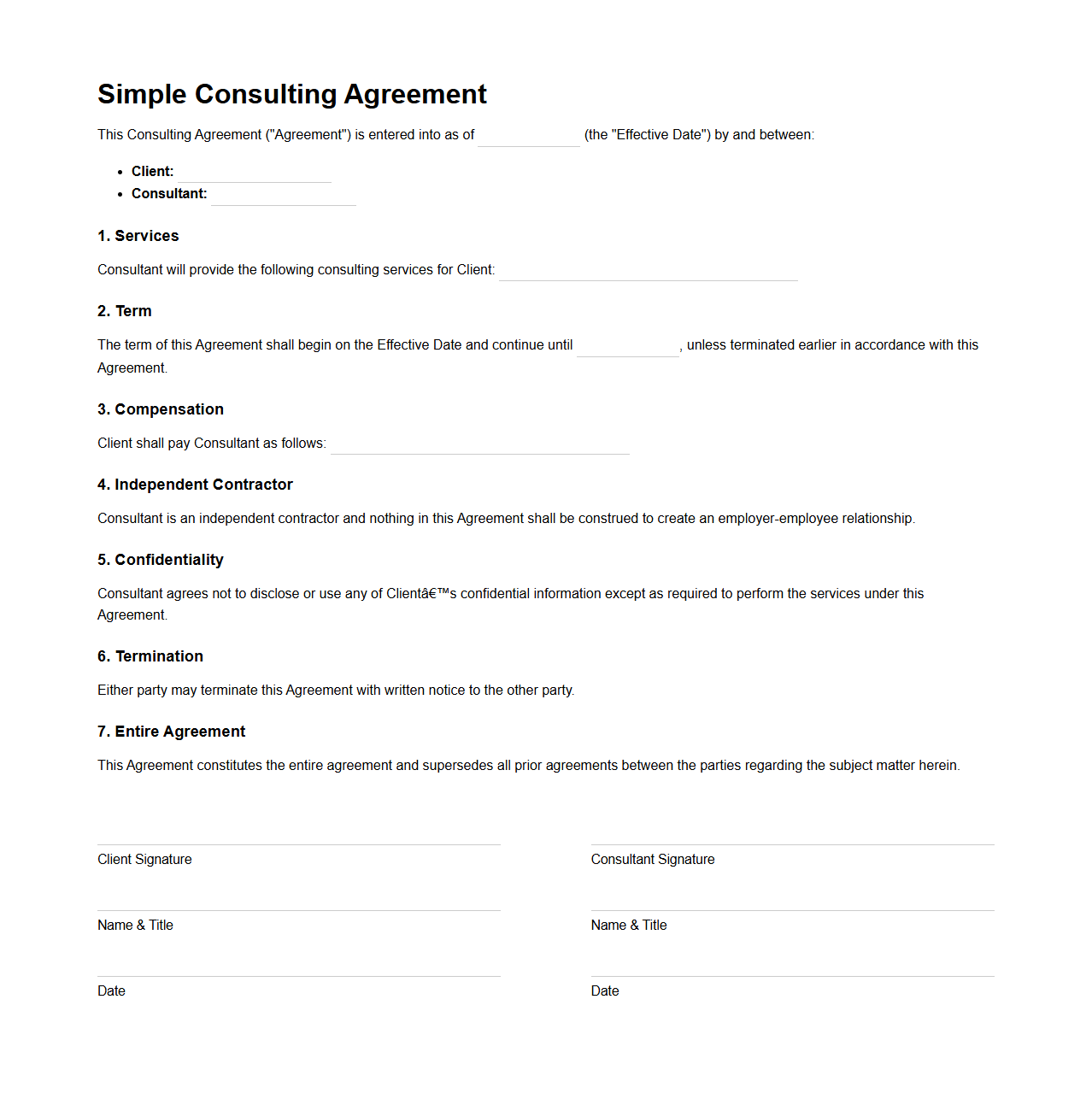 Simple Consulting Agreement Template for Independent Consultants