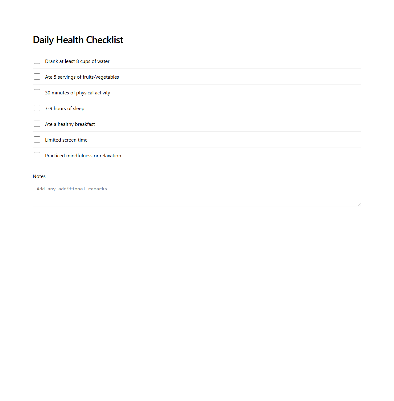 Simple Daily Health Checklist Template