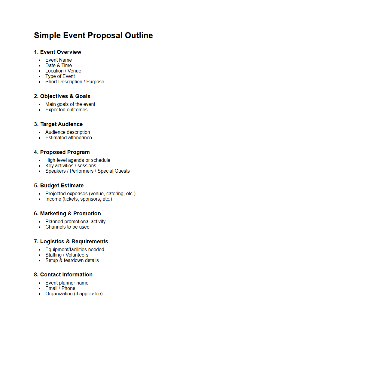 Simple Event Proposal Outline for Planners