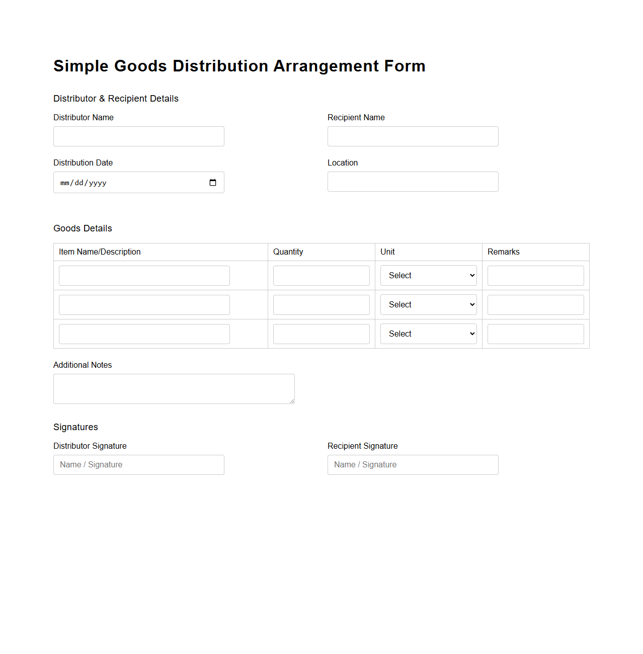 Simple Goods Distribution Arrangement Form