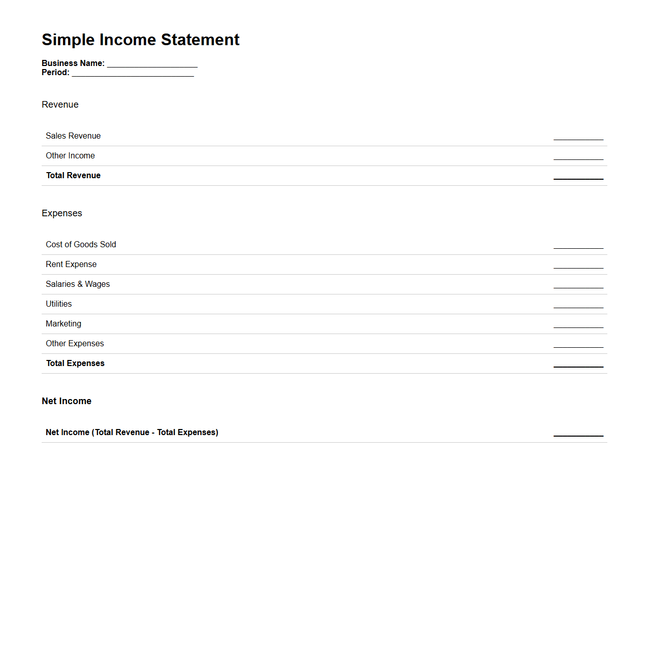 Simple Income Statement Template for Small Business