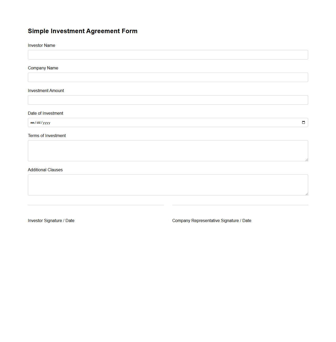 Simple Investment Agreement Form