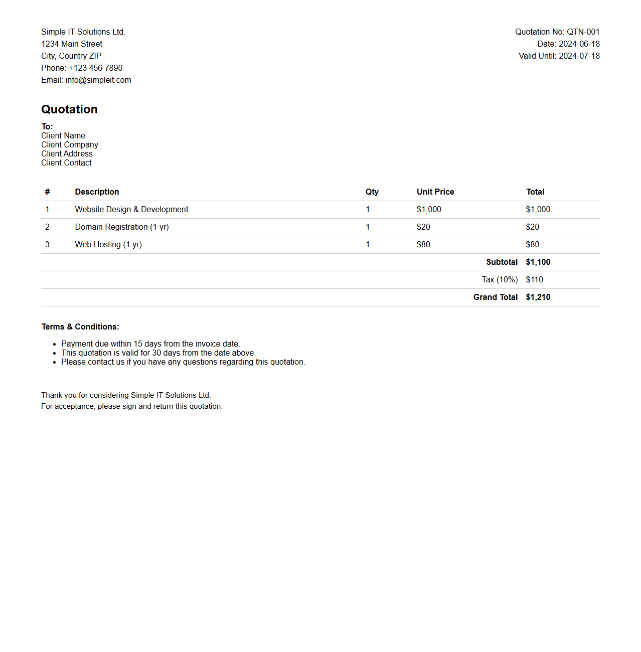 Simple IT Solution Quotation Format