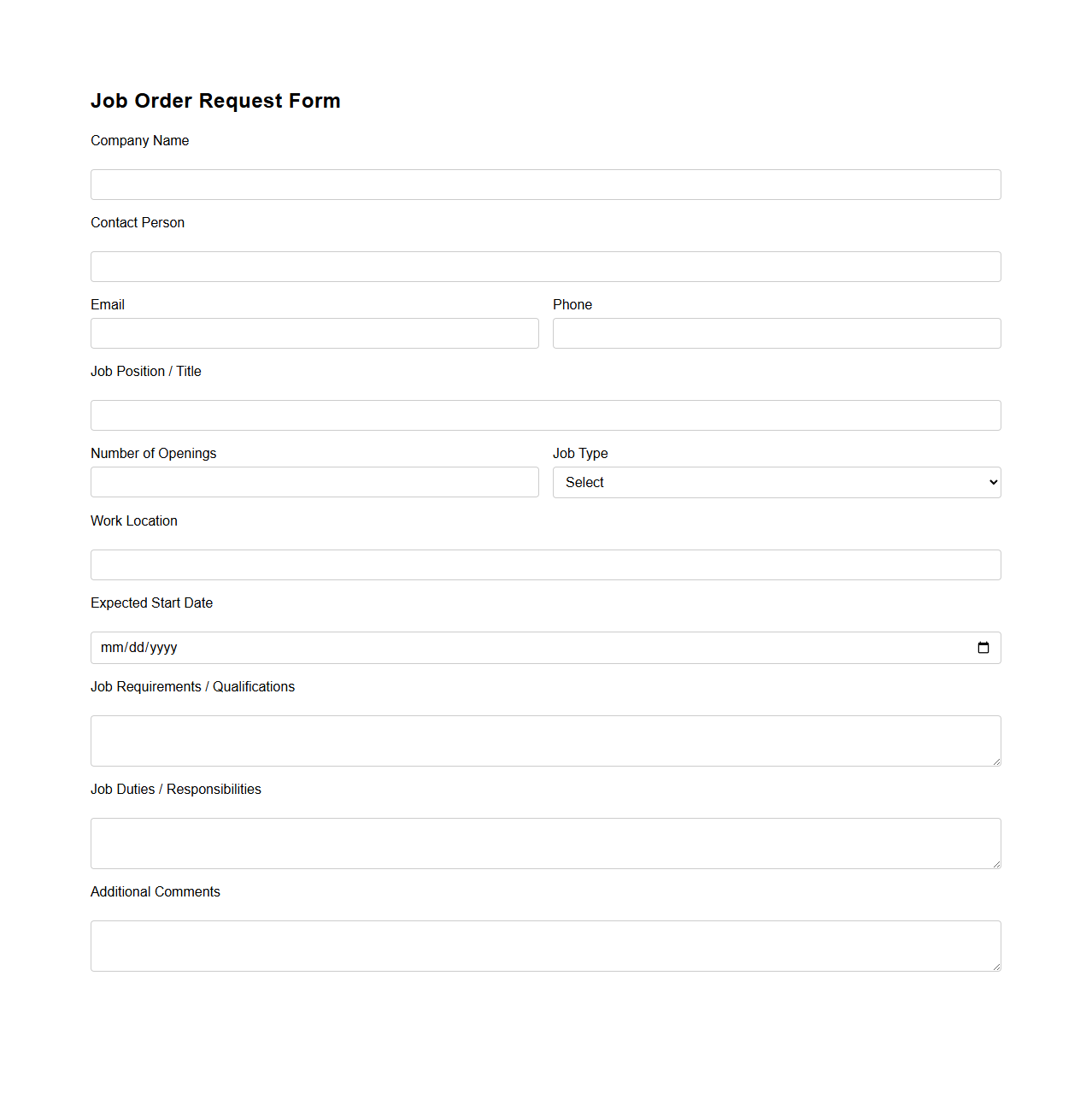 Simple Job Order Request Form for Staffing Agencies