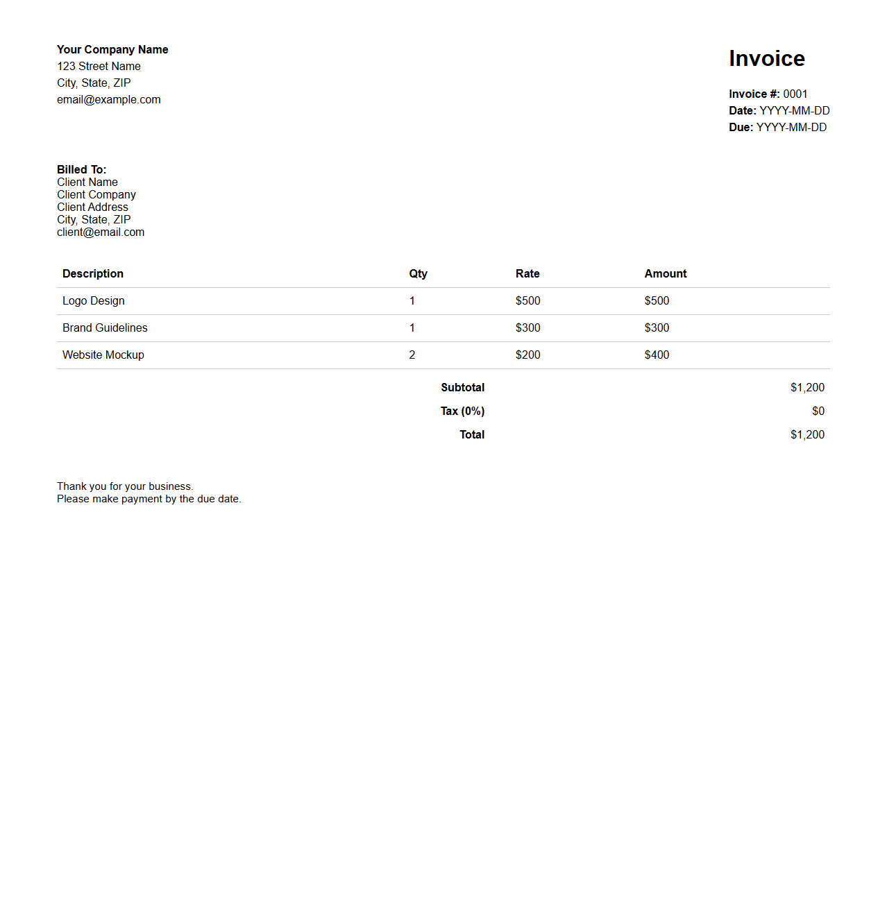 Simple Line-Item Invoice Template for Design Projects