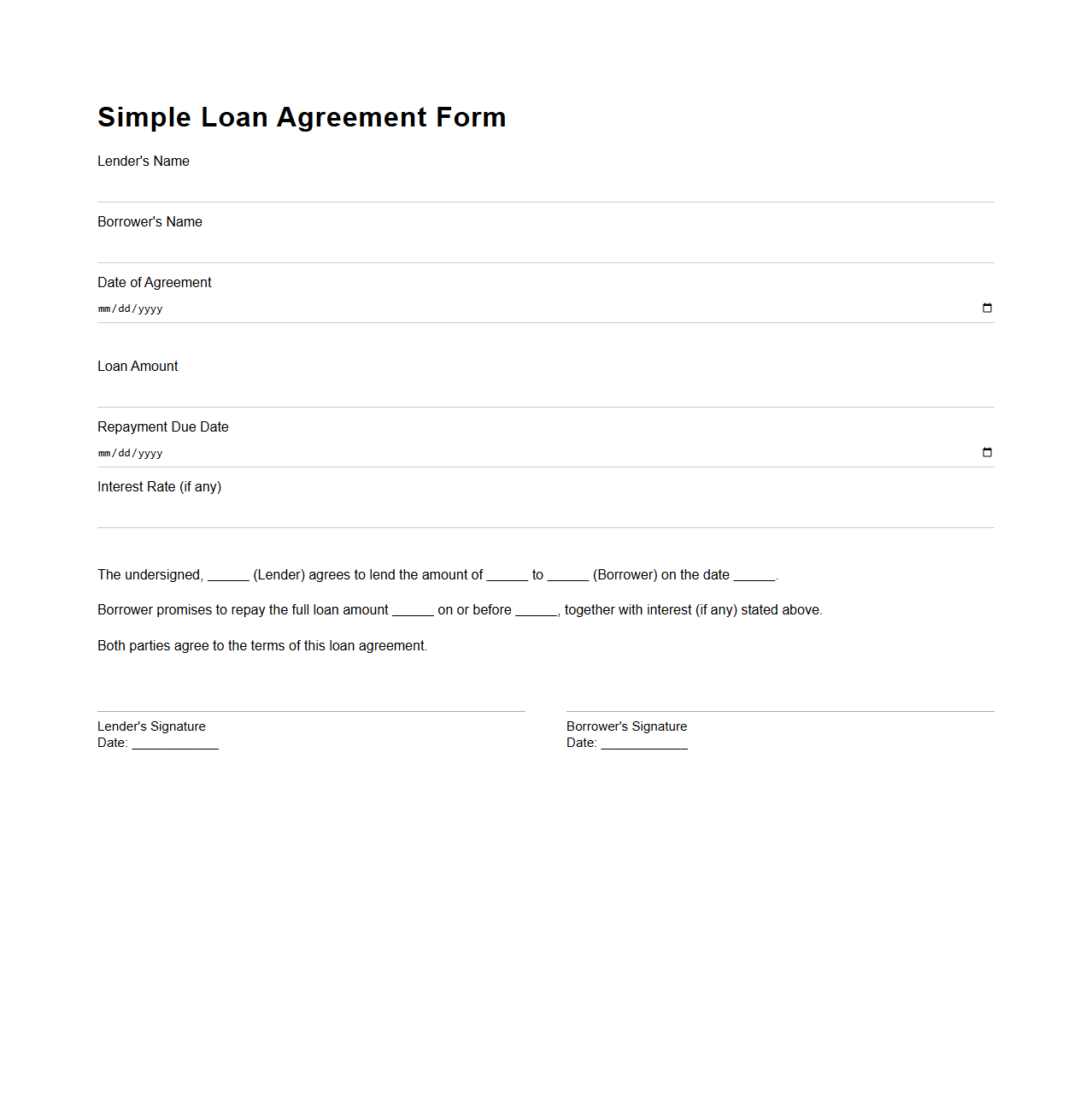 Simple Loan Agreement Form for Personal Lending