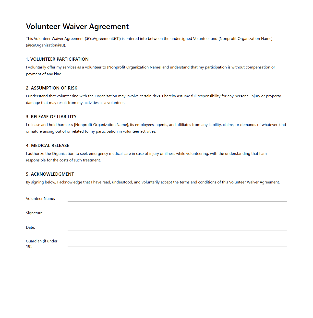 Simple Nonprofit Volunteer Waiver Agreement