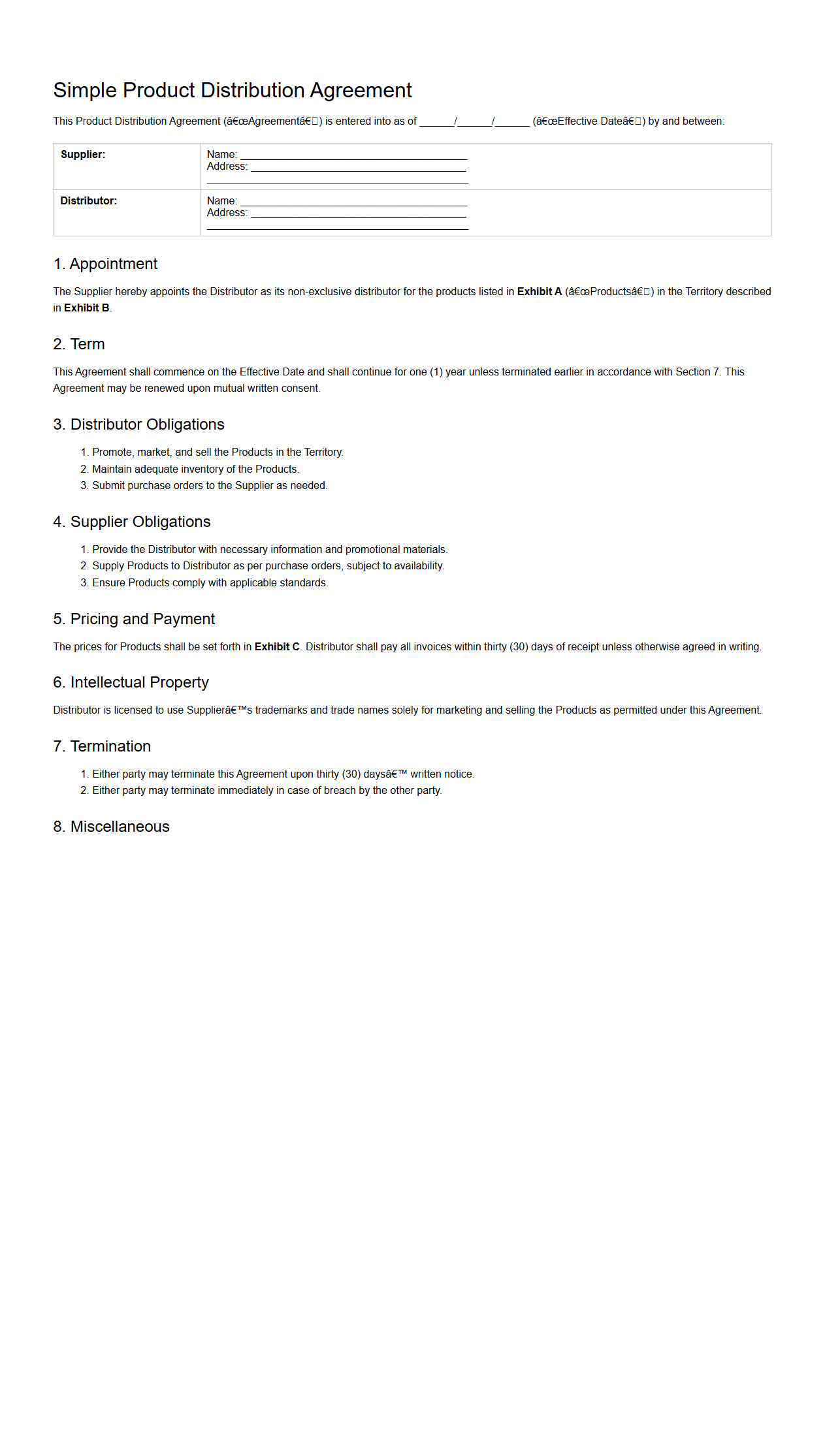 Simple Product Distribution Agreement Template