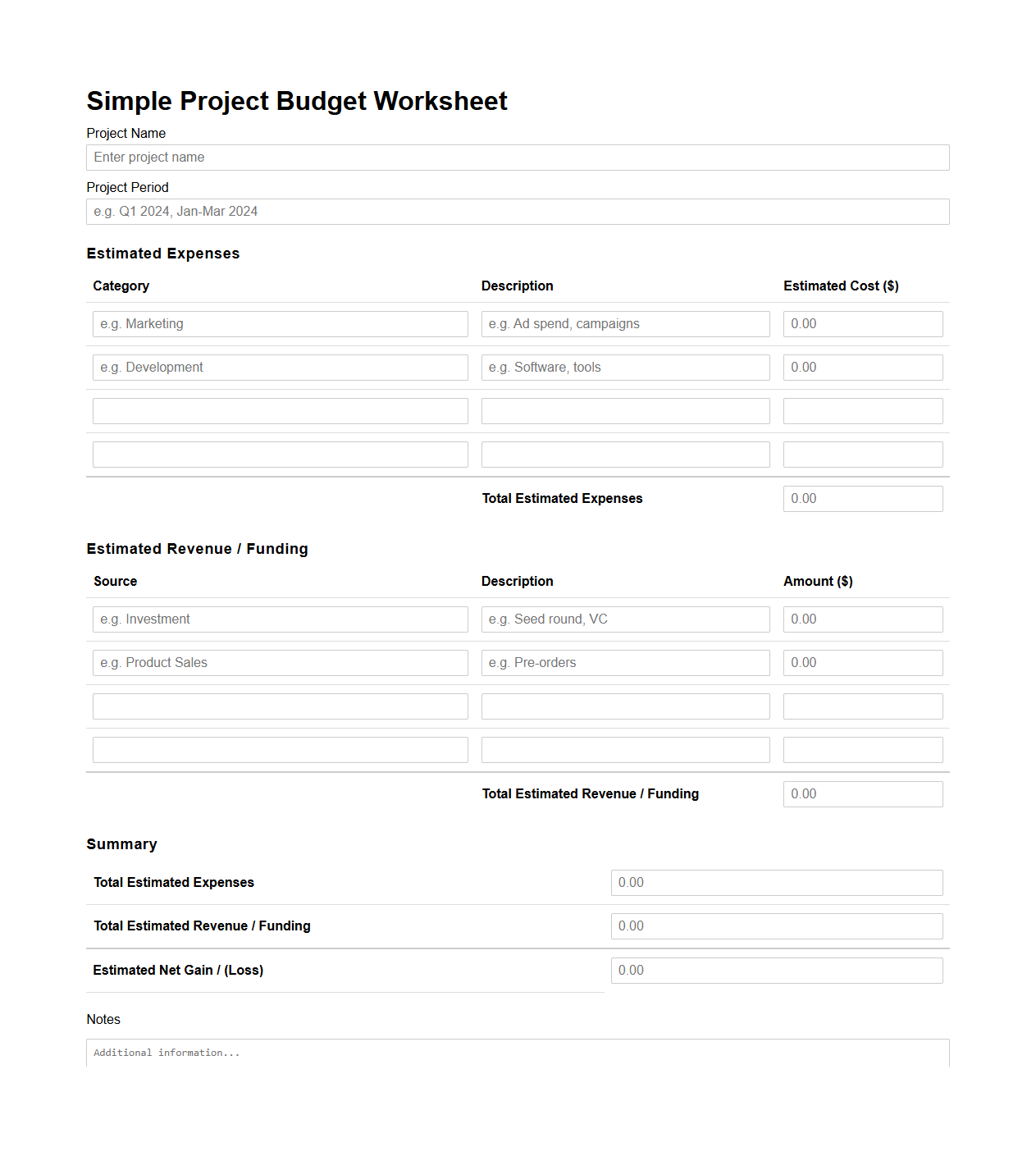 Simple Project Budget Worksheet for Startups