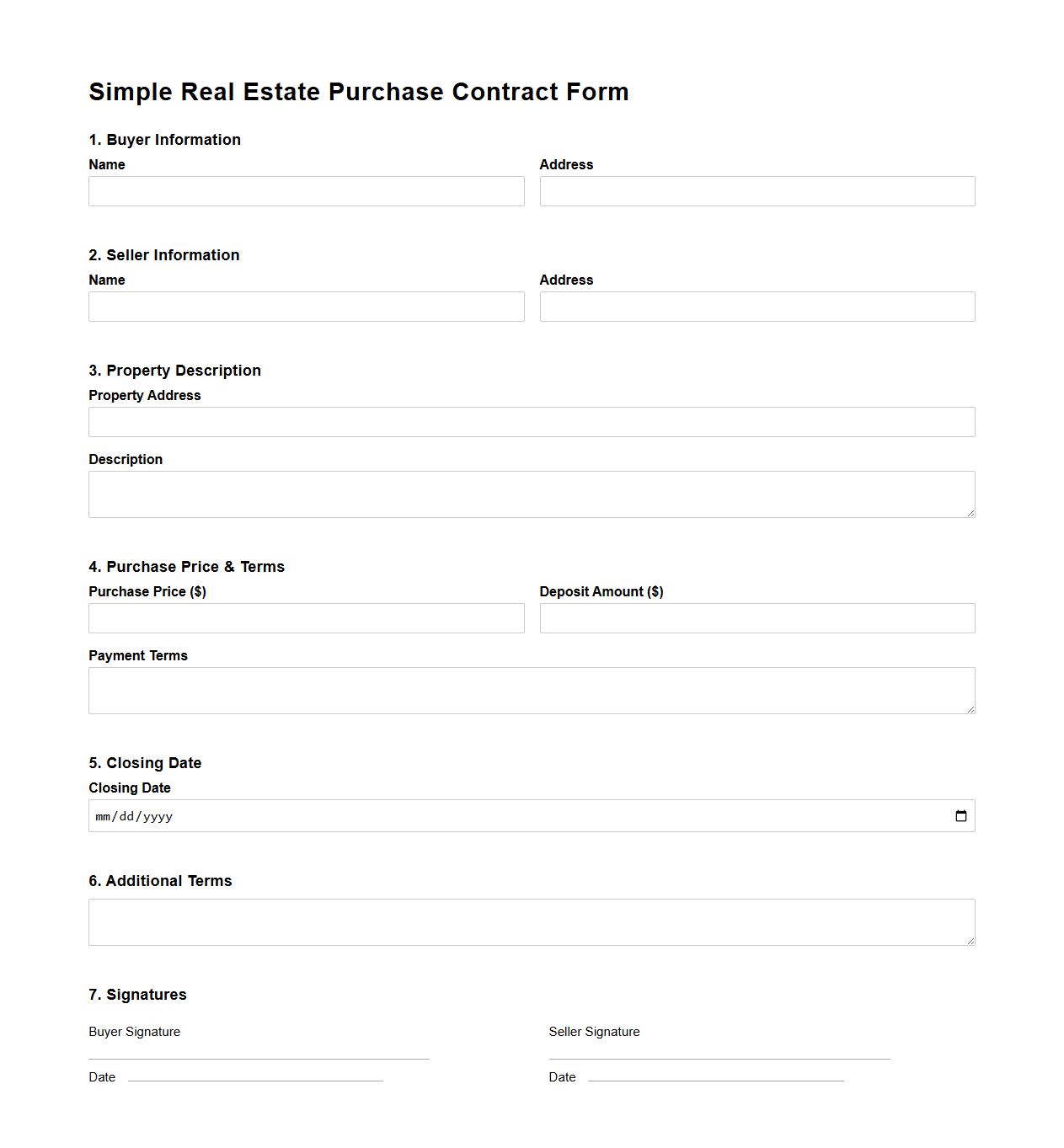 Simple Real Estate Purchase Contract Form