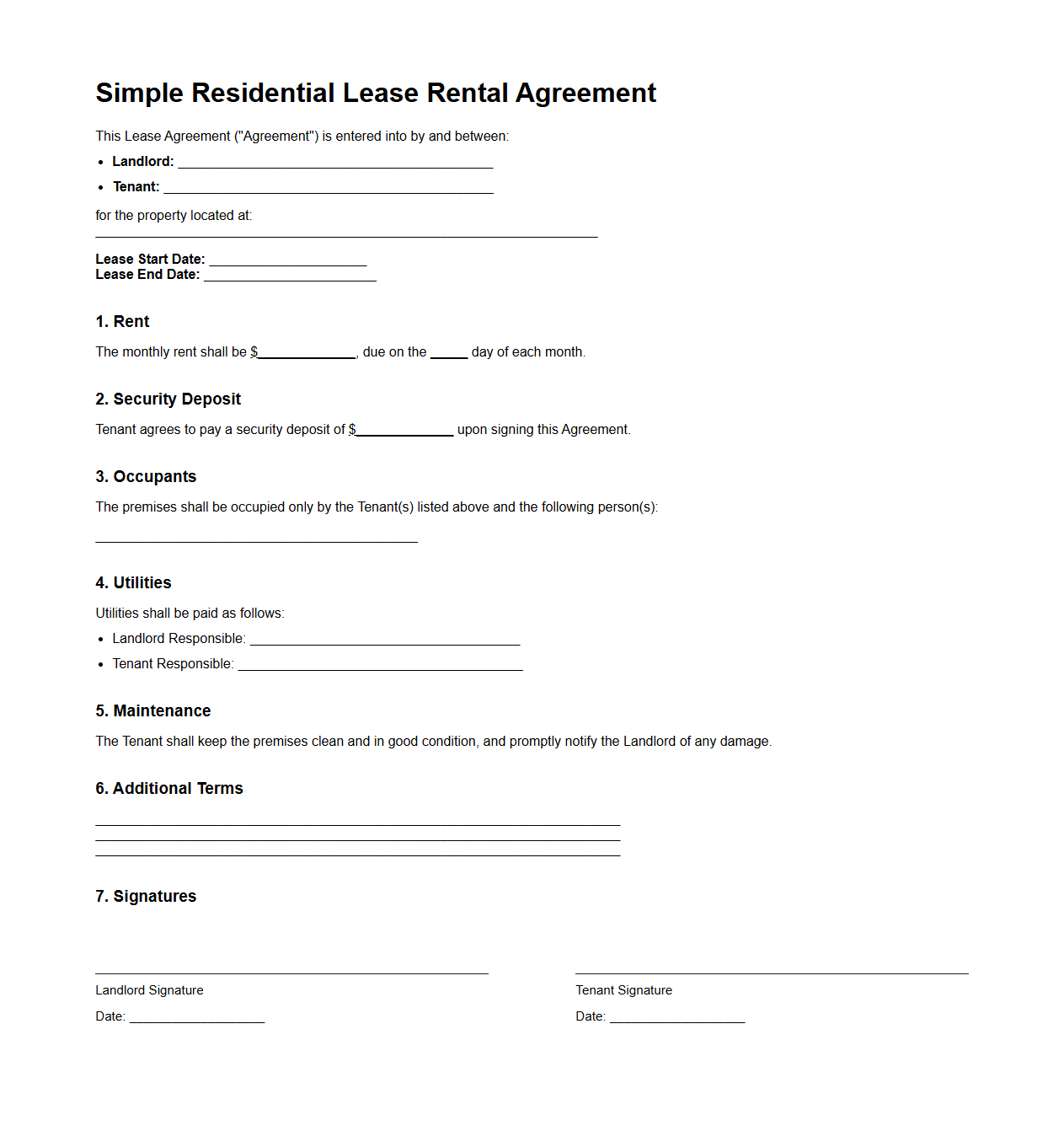 Simple Residential Lease Rental Agreement Template