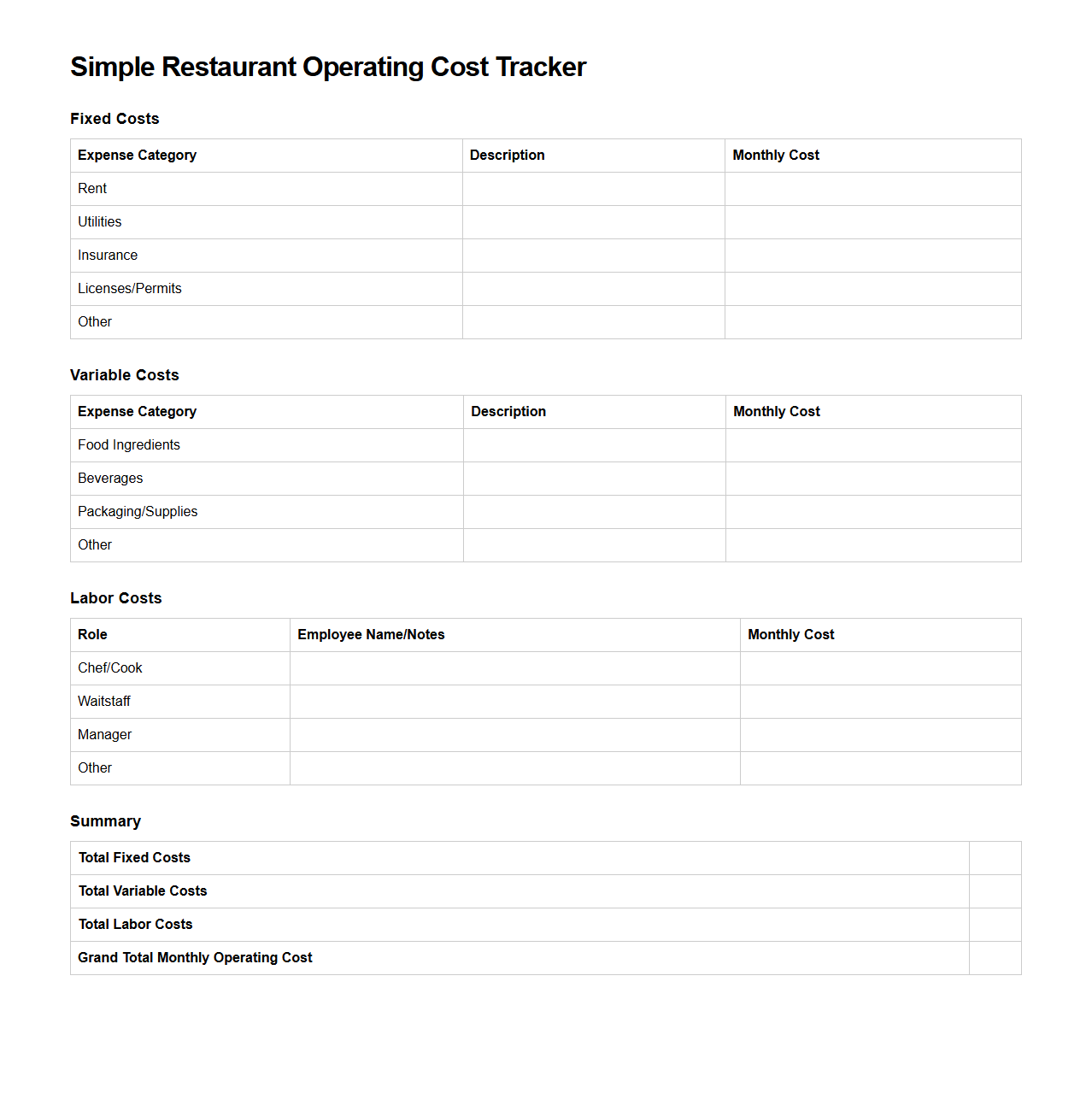 Simple Restaurant Operating Cost Tracker (Blank)