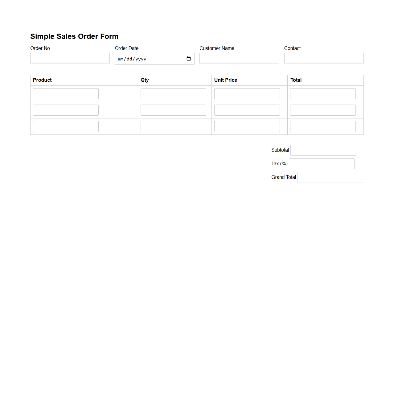 Simple Sales Order Form Template
