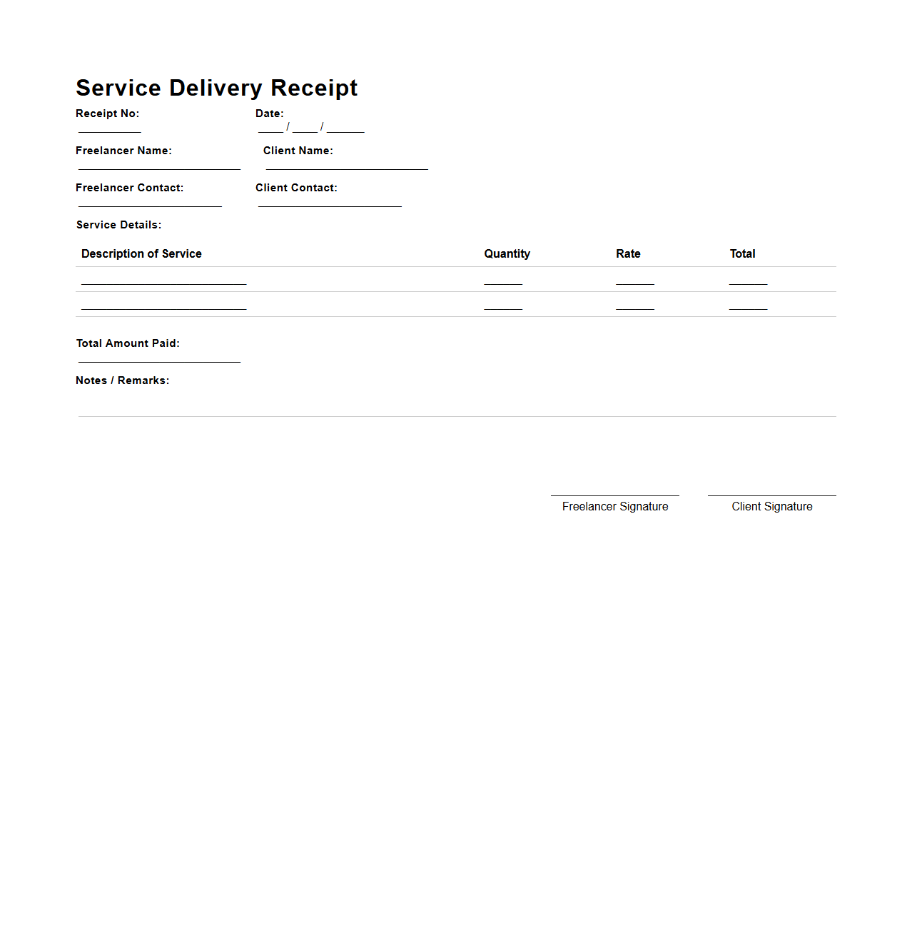 Simple Service Delivery Receipt Template for Freelancers
