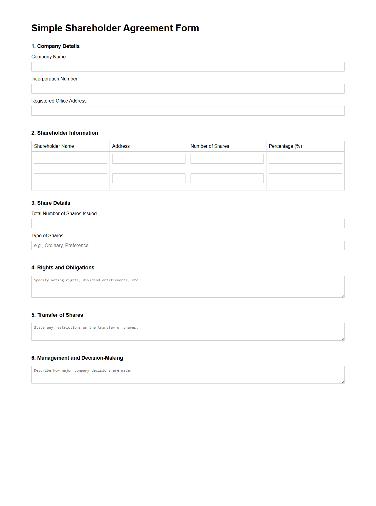 Simple Shareholder Agreement Form for Corporate Structure