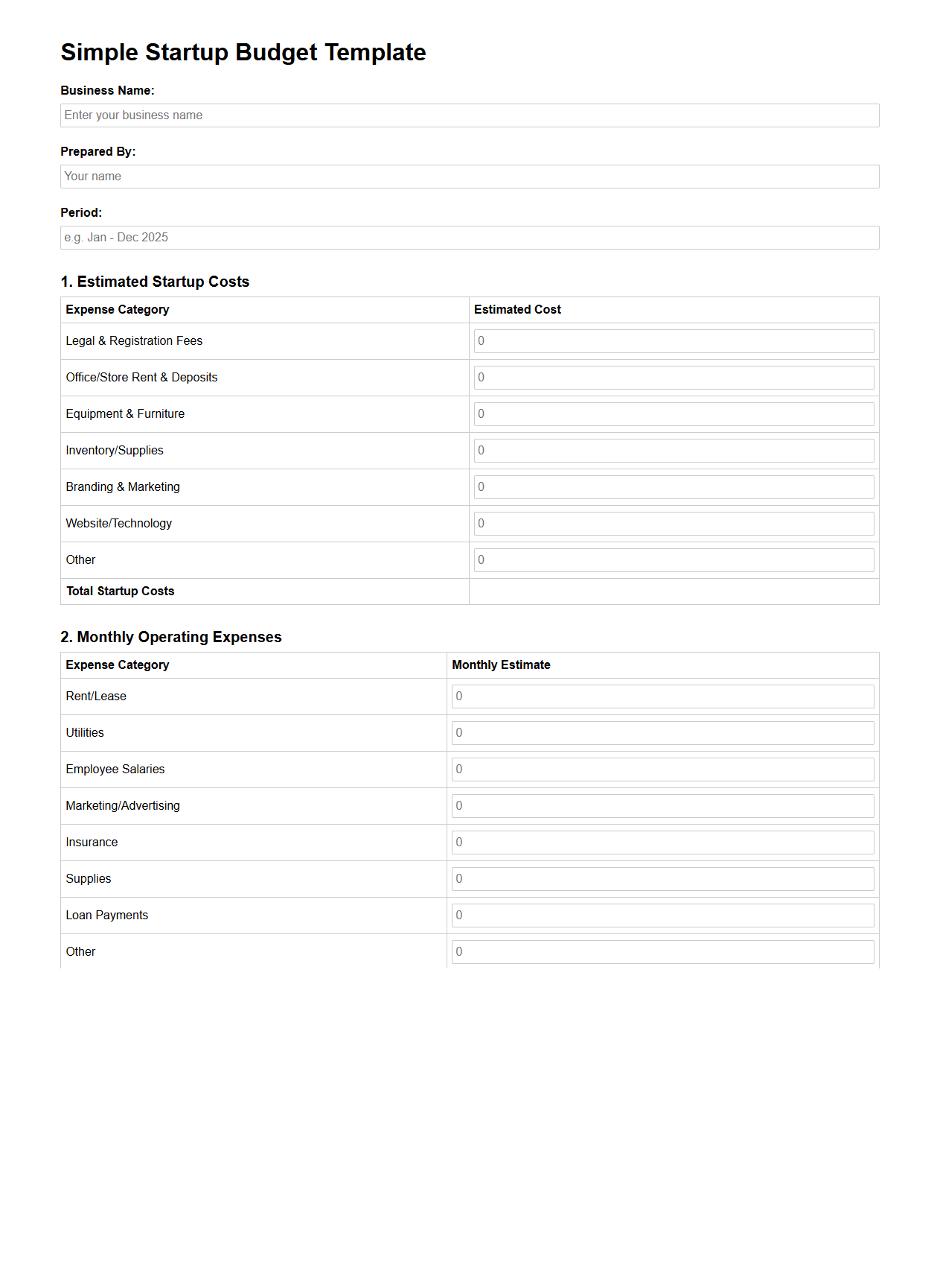 Simple Startup Budget Template for New Businesses